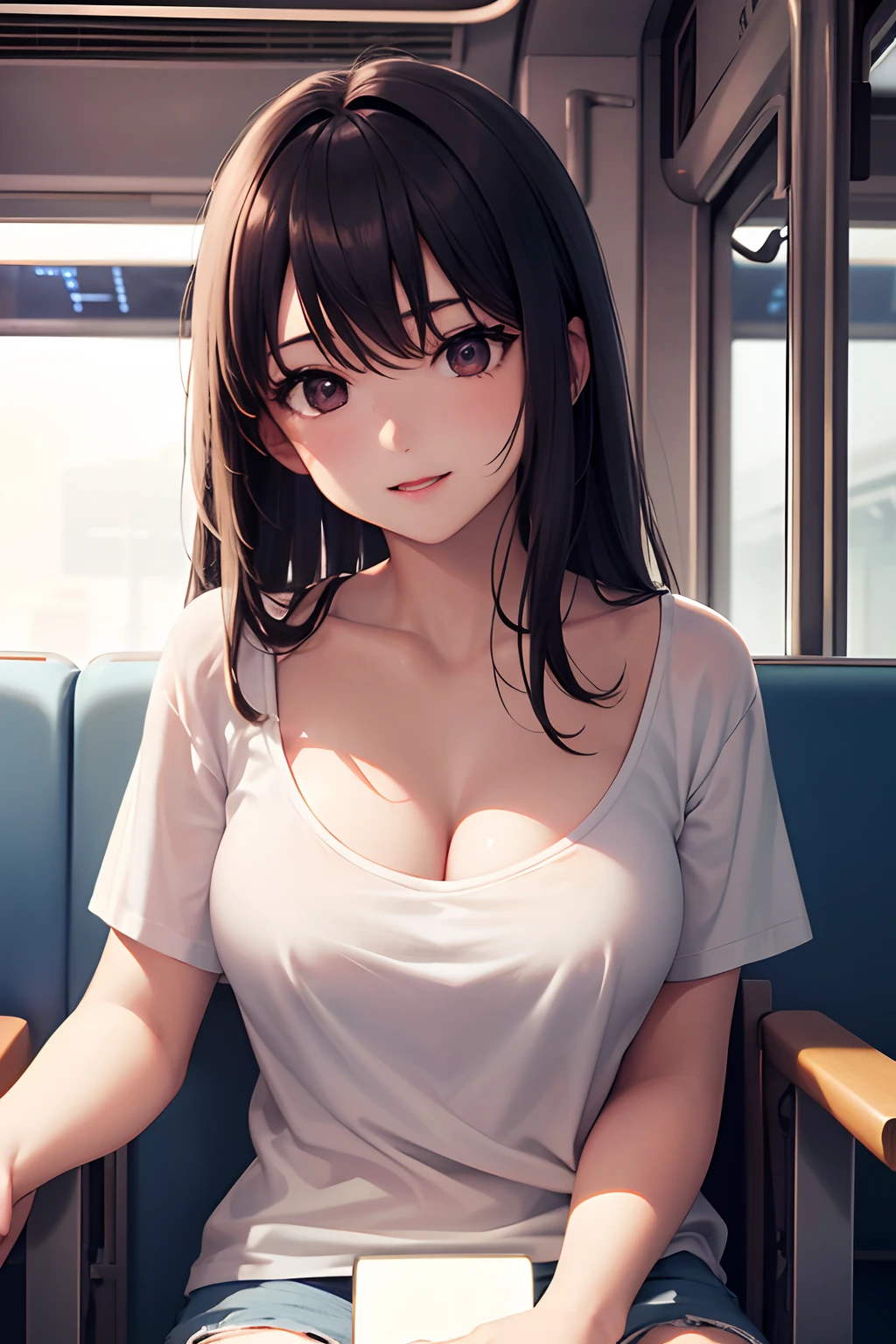 Top quality, high resolution, perfect human structure, character focus, front view, glowing hair, glowing eyes, looking up at audience, medium breasts, sit, cleavage, happiness, wearing white t-shirt, shorts, on the train