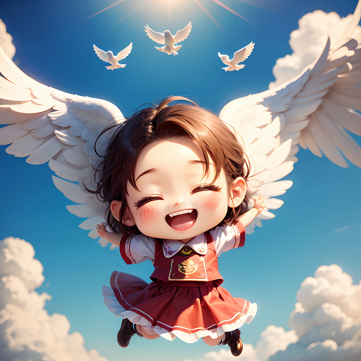 masterpiece、top-quality、ultra-detailliert、(Chibi Chara Angel:1.3)、Grab a white dove、独奏、Leprechaun、tickle,laughingly,nffsw,nffsw,Big smile,Happy happy smile,Laugh aloud,Lively laughter、blue open sky、white clouds、jumping