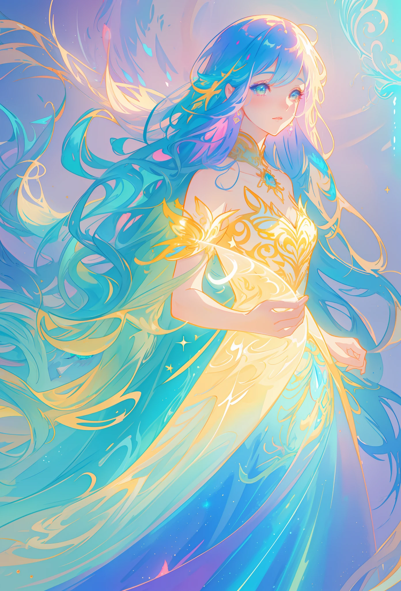 beautiful girl, flowing tiered ballgown, vibrant pastel colors, (colorful), glowing golden long hair, magical lights, sparkling magical liquid, inspired by Glen Keane, inspired by Lois van Baarle, disney art style, by Lois van Baarle, glowing aura around her, by Glen Keane, jen bartel, glowing lights! digital painting, flowing glowing hair, glowing flowing hair, beautiful digital illustration, fantasia background, whimsical, magical, fantasy, ((beautiful face)), ((masterpiece, best quality)), intricate details, highly detailed, sharp focus, 8k resolution, sparkling detailed eyes, liquid watercolor