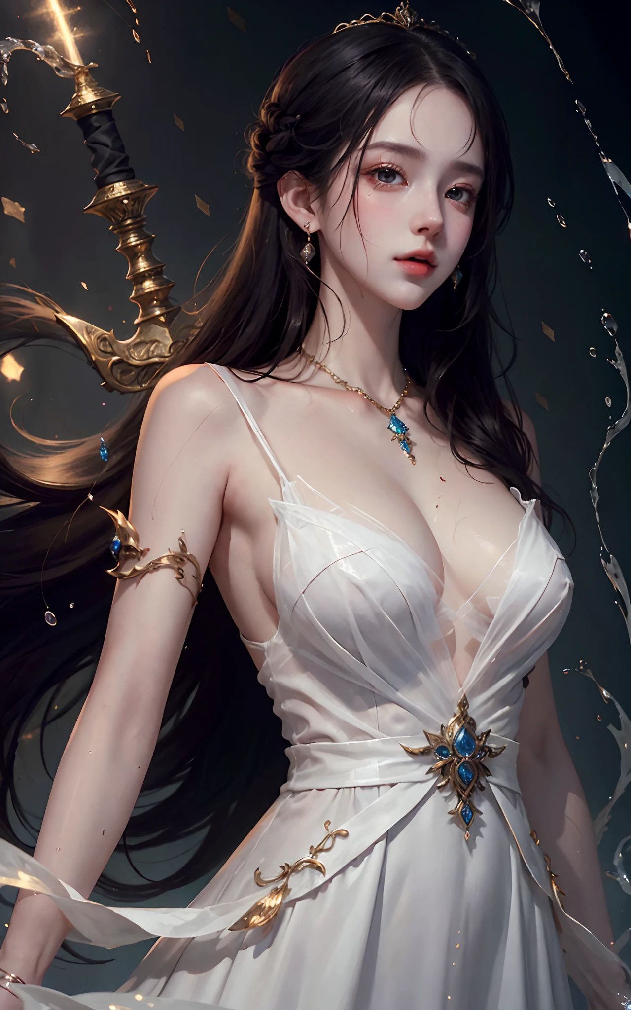 best quality,masterpiece,highres,cg,
1girl,weapon,sword,long hair,dress,water,solo,jewelry,white dress,earrings,hair ornament,splashing,upper body,hair bun,black hair,
lighting,candid,Photograph,high resolution,4k,8k,Bokeh, --auto