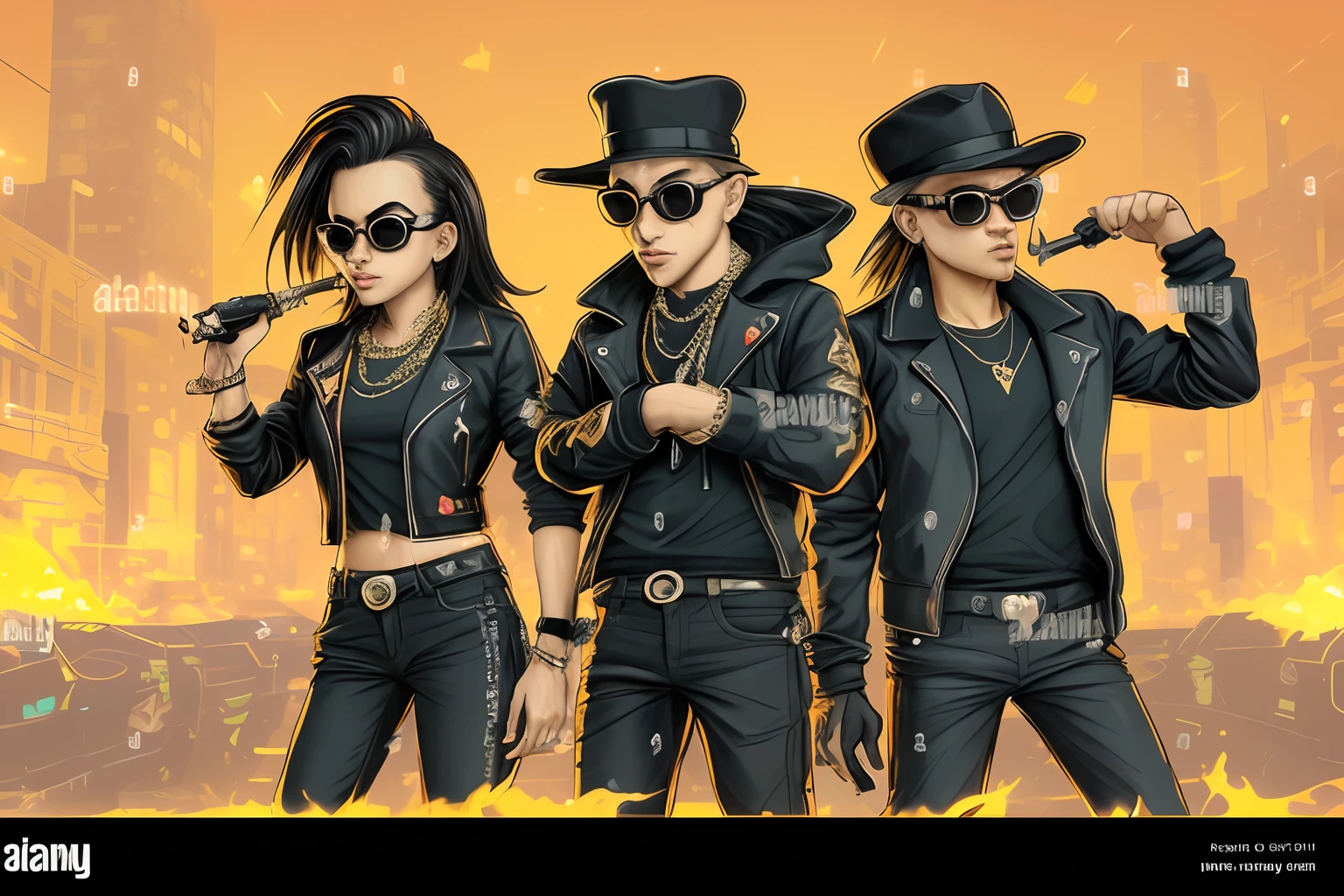 (best quality,ultra-detailed,photorealistic),3 cartoon gangster style rats,sharp focus,bokeh,vivid colors,gangster graffiti background,funny and mischievous expression,stylish outfits,heavy gold chains,smoke and fire effects,confident body language,nighttime cityscape,neon lights,edgy and energetic,stylized art, dynamic poses,dark and mysterious color scheme,cool sunglasses