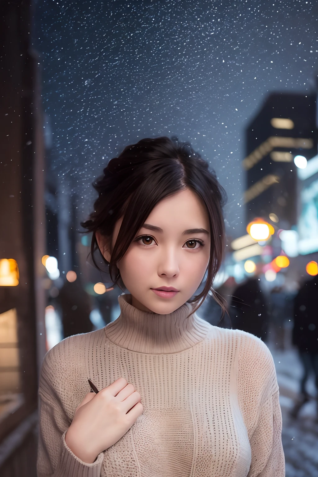Top quality, super sensitive, super high resolution, 30 year old female, in the city, sweater, one piece, short hair, beautiful face, snowing, snow in hair, dark, city lights, meeting a date, medium chest,