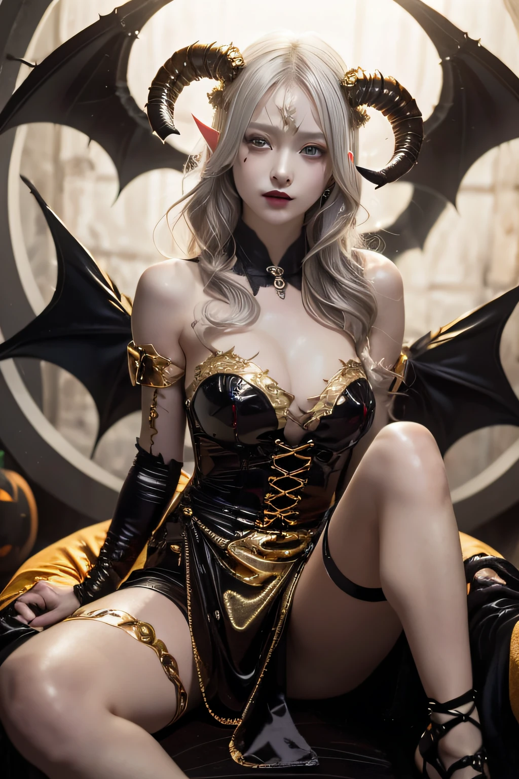 (masterpiece:1.3), high resolution, ultra detailed, extremely detailed CG unity 8k wallpaper, realistic, photo-realistic, RAW photo, (beautiful detailed face), pale skin, realistic skin, detailed cloth texture, detailed hair texture, Perfect body, Beautiful Face, accurate, Anatomically correct, Highly detailed face and skin texture, natural neck length, (beautiful hands), (fair skin:1.2), Thin legs, Thin feet, (((dim lighting:1.3))), silver laser,
BREAK,
Detailed eyes, symmetrical eyes, Brown eyes, Double eyelids, Thin eyebrows, ((Dracula makeup:1.3)), (Glossy lips:1.4), ((Gentle smile:1.2)),
BREAK,
(A Devil girl), ((wearing a Black and Gold Devil costume:1.3)), (Black pin heels:1.1), (Devil horns on the head:1.2), (huge black bats wings on the back:1.2),
(large breasts:1.2), (firm breast, nicely shaped breasts, slender figure:1.1),
((Gray hair:1.5)), (wavy hair), ((short hair:1.2)), ((asymmetrical bangs:1.2)),
BREAK,
(Sitting on the Luxury chair with one legs up:1.2), ((view of A dim ruins decorated for Halloween:1.3)), (From below:1.2),
(((Upper body shot:1.2))), (looking at viewer:1.2),