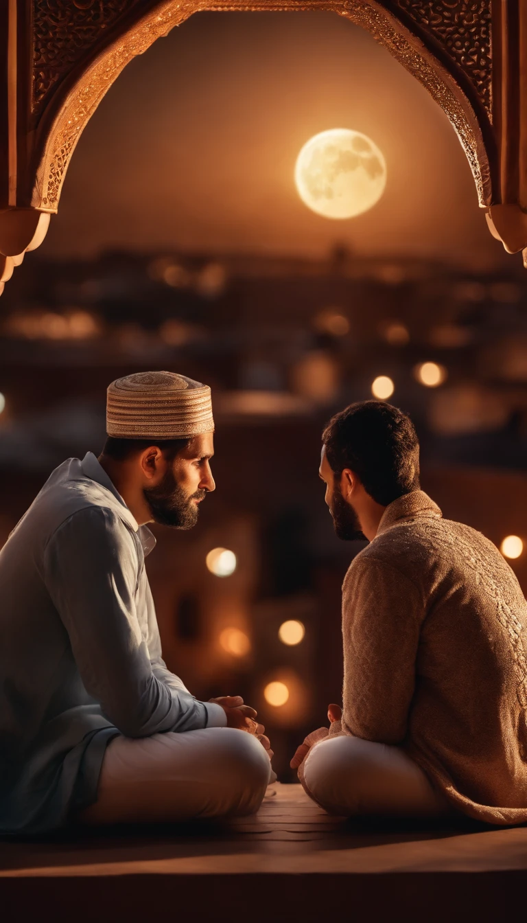 hyper realistic photo, ultra detailed photograph of a beautiful Moroccan rooftop, man and woman from behind, face hidden, towards view, praying together, photorealistic, riad rooftop, Amazigh pillows, Marrakech view, stunning moon, shimmering stars, iridescent, hyperrealism, moroccan lamps, Ultra photoreal, Intricate details, Ultra detailed, photorealistic, great high details, hyper real photo, 8k, extreme quality, gorgeous roses, exotic, glimmering lights, magical, romantic, wishing