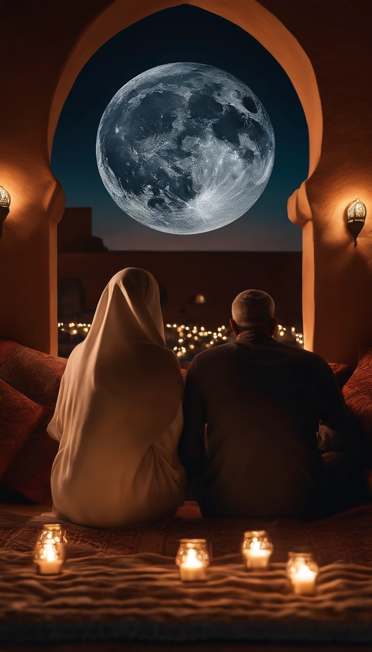 hyper realistic photo, ultra detailed photograph of a beautiful Moroccan rooftop, man and woman from behind, face hidden, towards view, praying together, photorealistic, riad rooftop, Amazigh pillows, Marrakech view, stunning moon, shimmering stars, iridescent, hyperrealism, moroccan lamps, Ultra photoreal, Intricate details, Ultra detailed, photorealistic, great high details, hyper real photo, 8k, extreme quality, gorgeous roses, exotic, glimmering lights, magical, romantic, wishing