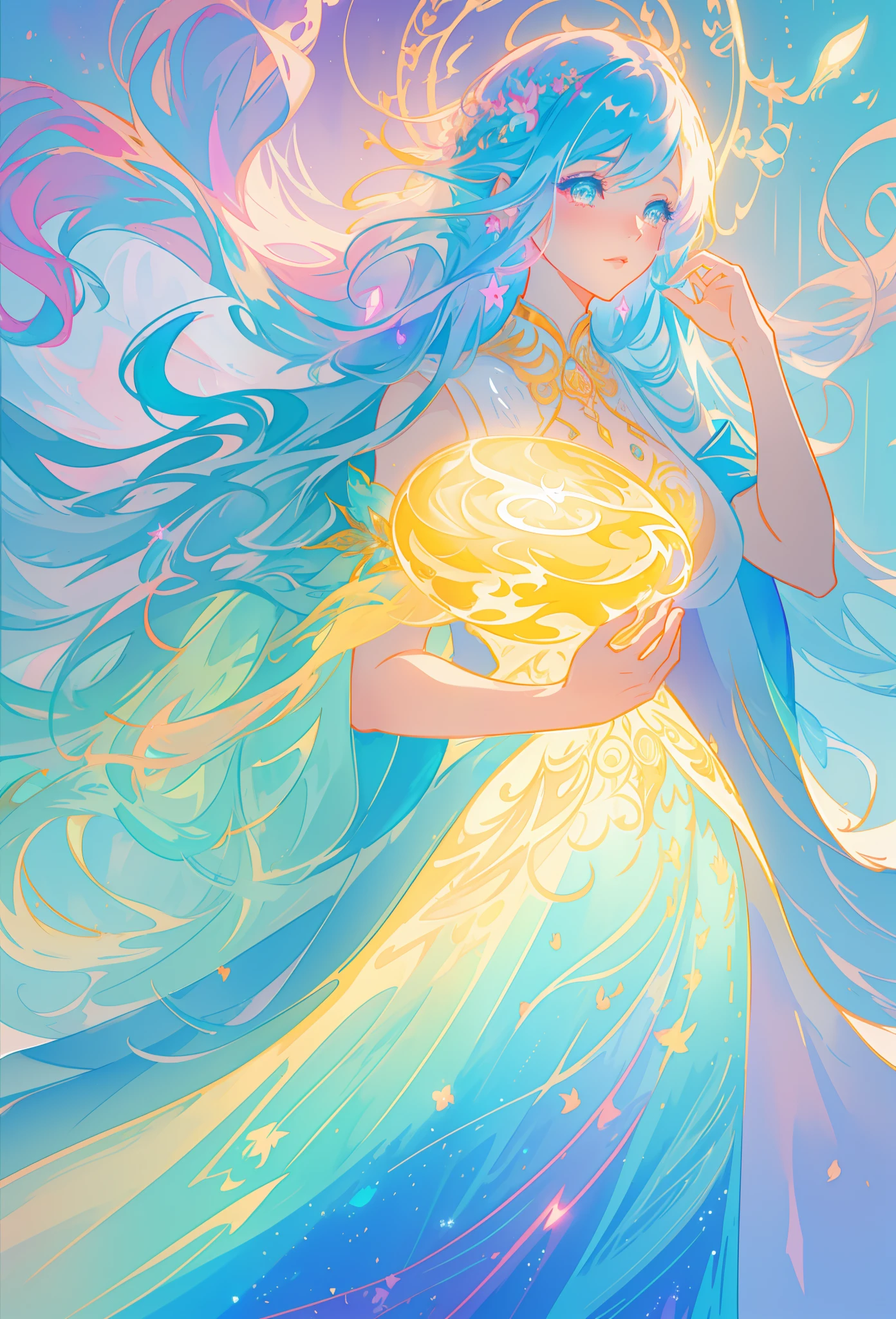 beautiful girl, flowing tiered ballgown, vibrant pastel colors, (colorful), glowing golden long hair, magical lights, sparkling magical liquid, inspired by Glen Keane, inspired by Lois van Baarle, disney art style, by Lois van Baarle, glowing aura around her, by Glen Keane, jen bartel, glowing lights! digital painting, flowing glowing hair, glowing flowing hair, beautiful digital illustration, fantasia background, whimsical, magical, fantasy, ((beautiful face)), ((masterpiece, best quality)), intricate details, highly detailed, sharp focus, 8k resolution, sparkling detailed eyes, liquid watercolor