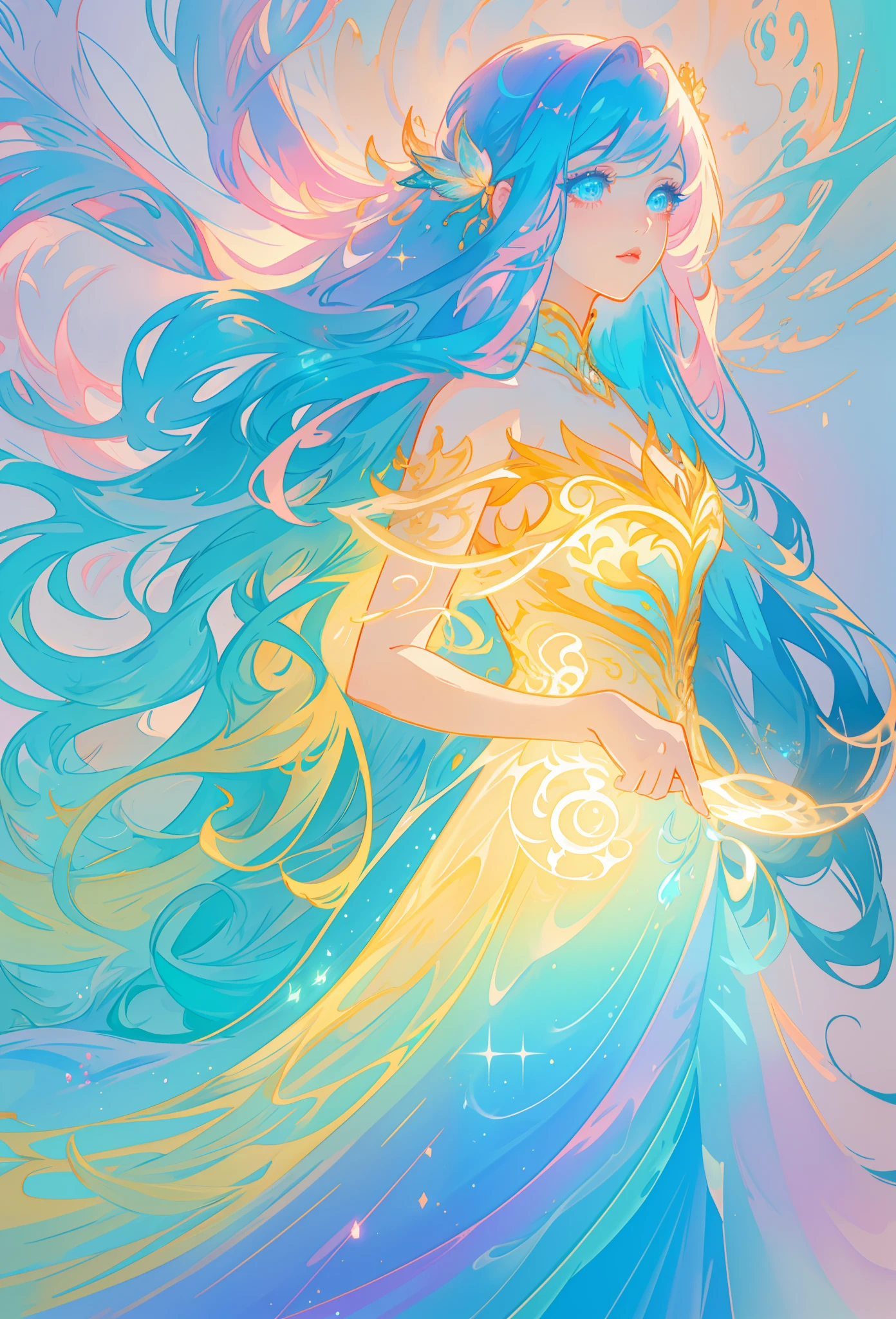 beautiful girl, flowing tiered ballgown, vibrant pastel colors, (colorful), glowing golden long hair, magical lights, sparkling magical liquid, inspired by Glen Keane, inspired by Lois van Baarle, disney art style, by Lois van Baarle, glowing aura around her, by Glen Keane, jen bartel, glowing lights! digital painting, flowing glowing hair, glowing flowing hair, beautiful digital illustration, fantasia background, whimsical, magical, fantasy, ((beautiful face)), ((masterpiece, best quality)), intricate details, highly detailed, sharp focus, 8k resolution, sparkling detailed eyes, liquid watercolor