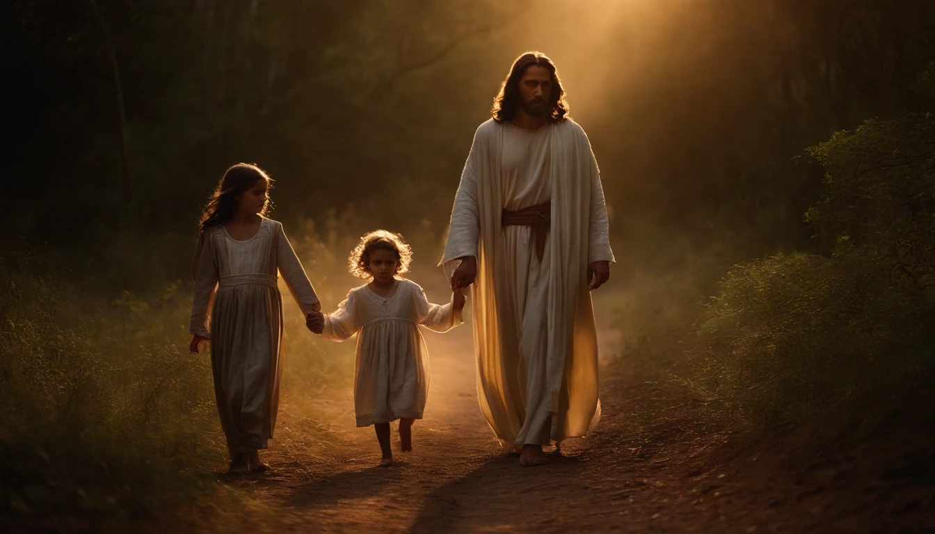 Jesus Protecting Two Children of Both Sexes, com um manto de luz divino, em um caminho no meio de uma floresta