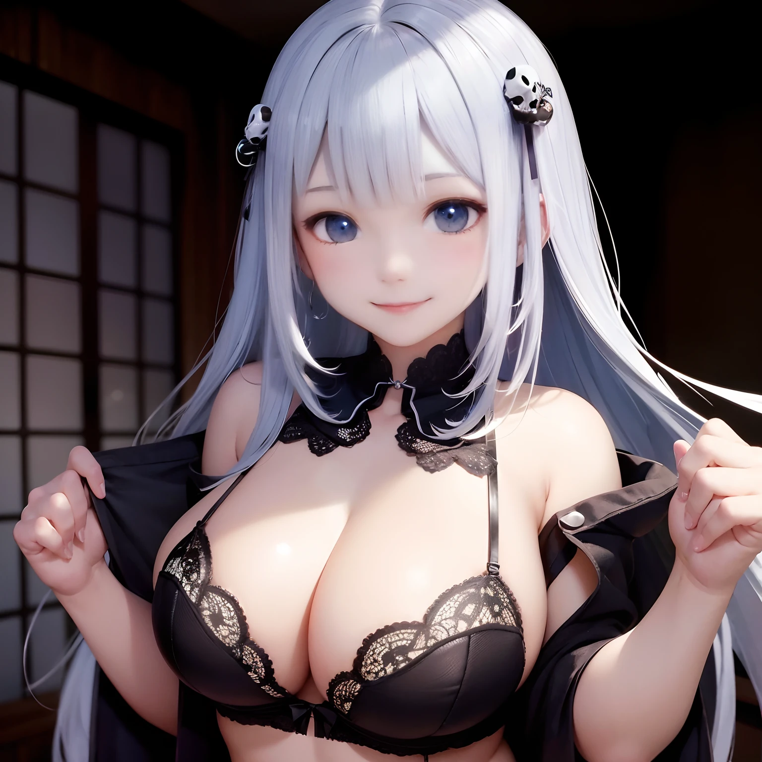 A smiling Thick anime girl dressed in a silk bra and panties arms wide for a hug. In a dark room will skulls in the back ground --auto
