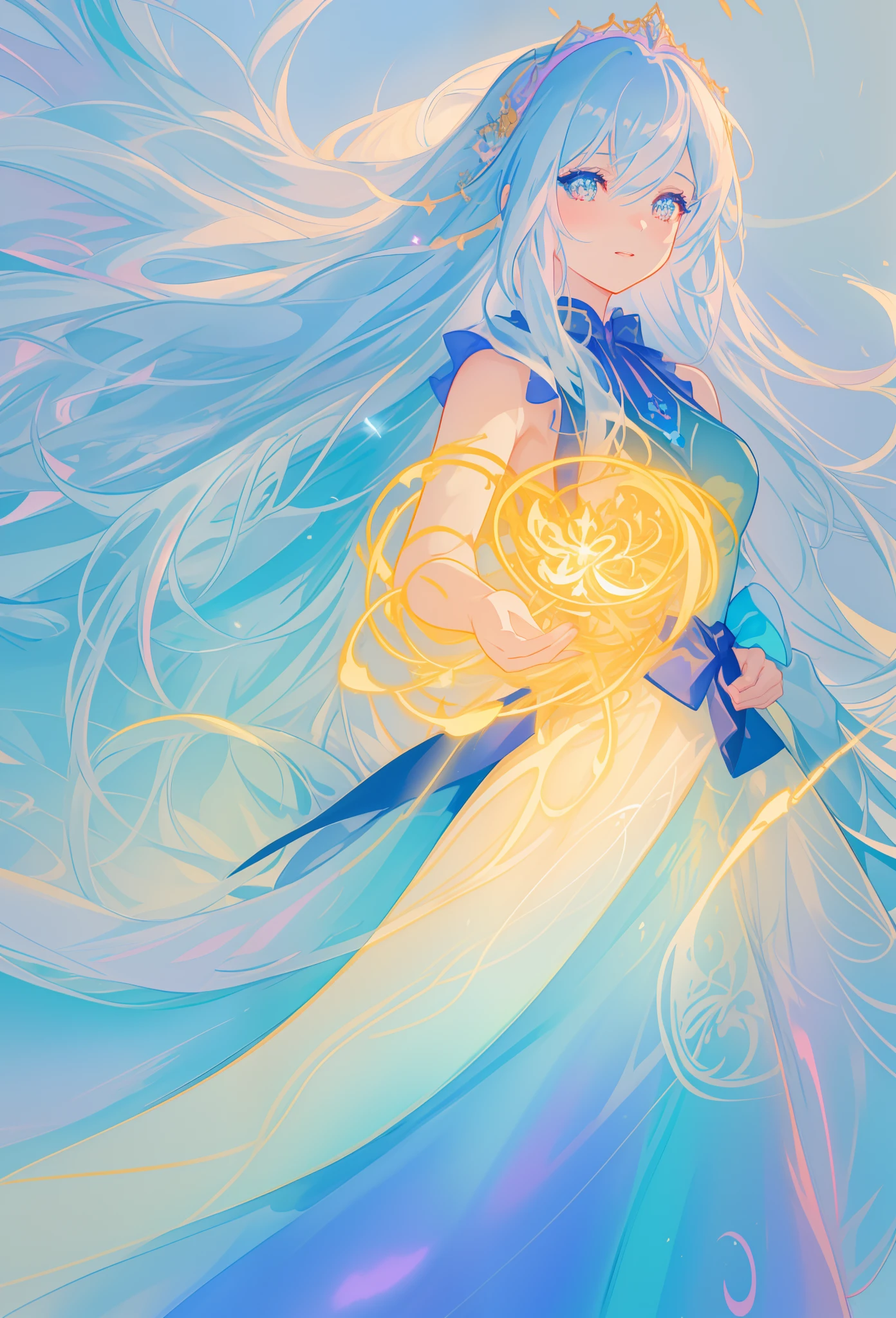 beautiful girl, flowing tiered ballgown, vibrant pastel colors, (colorful), glowing golden long hair, magical lights, sparkling magical liquid, inspired by Glen Keane, inspired by Lois van Baarle, disney art style, by Lois van Baarle, glowing aura around her, by Glen Keane, jen bartel, glowing lights! digital painting, flowing glowing hair, glowing flowing hair, beautiful digital illustration, fantasia background, whimsical, magical, fantasy, ((beautiful face)), ((masterpiece, best quality)), intricate details, highly detailed, sharp focus, 8k resolution, sparkling detailed eyes, liquid watercolor