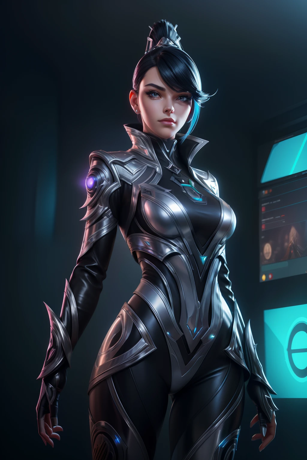 solo, super fine photo, portrait digital art Unreal Engine 5 8K UHD of a girl, concept art, character concept design, wearing silver metallic tight shiny suit with cybernetic details, high-tech armor, long black glove, bob white hair, cyberpunk character, futuristic city fantasy background, best quality, masterpiece, super detailed, sharp focus, female pose