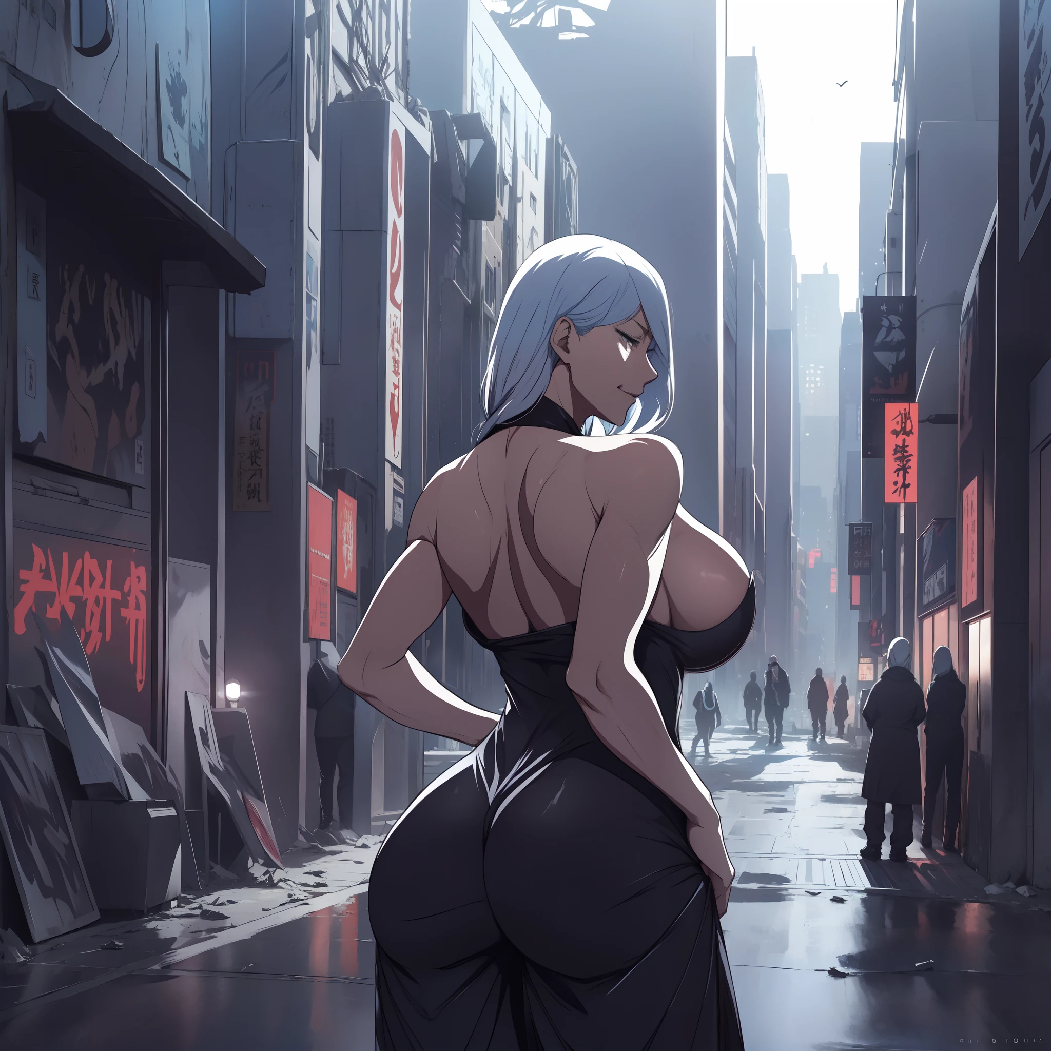 Anime art style, mei mei from jujutsu kaisen, white hair, white skin, wearing black dress, standing on destroyed city, cinematic lights, blushing cheeks, smilling, looking back at viewers, big breast, big booty, NSFW, back view, beautiful scenery.