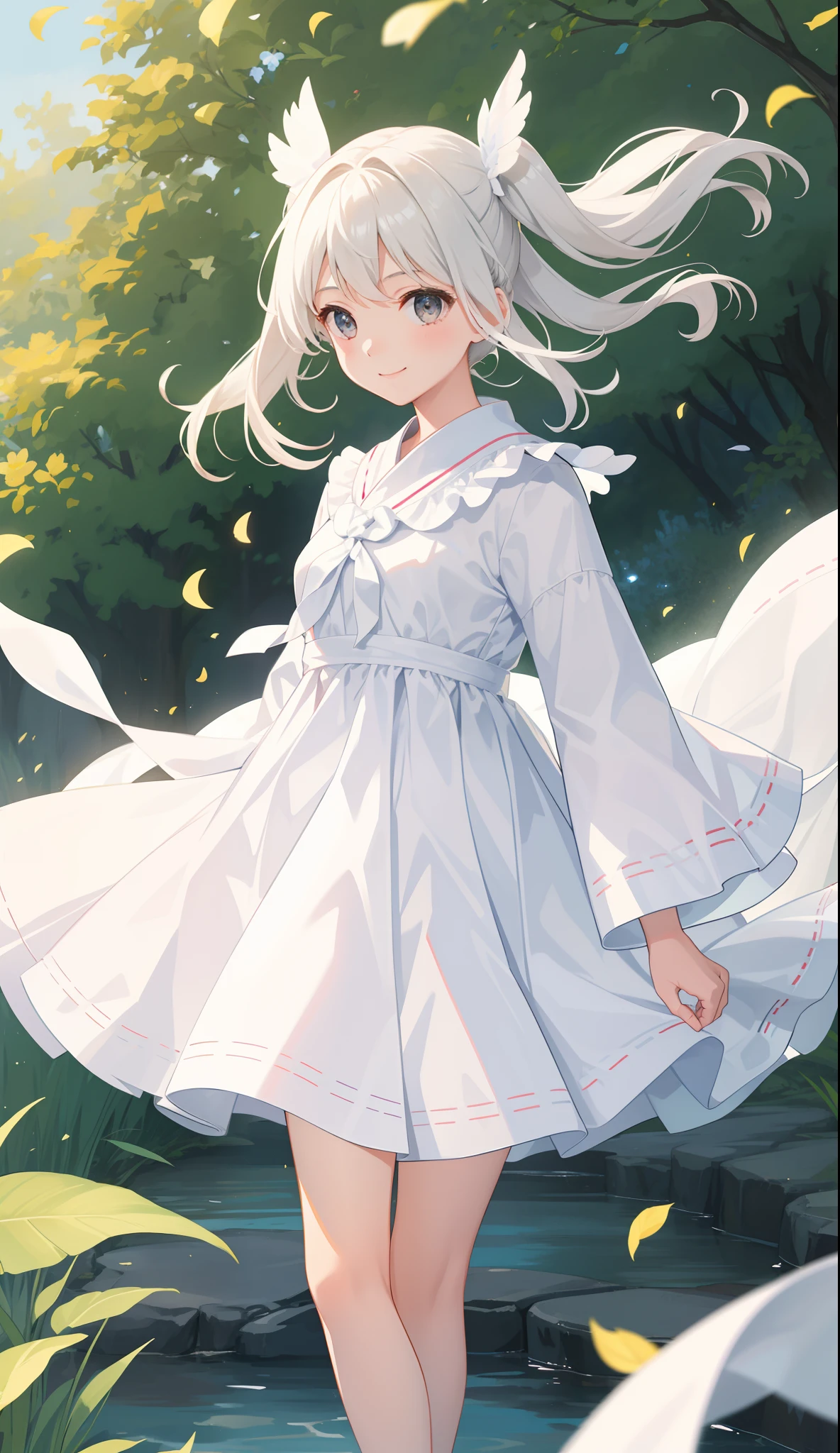 1girl in、AS-Adult、Smile、White dress、light、Gauze fabric、Fluttering in the wind、