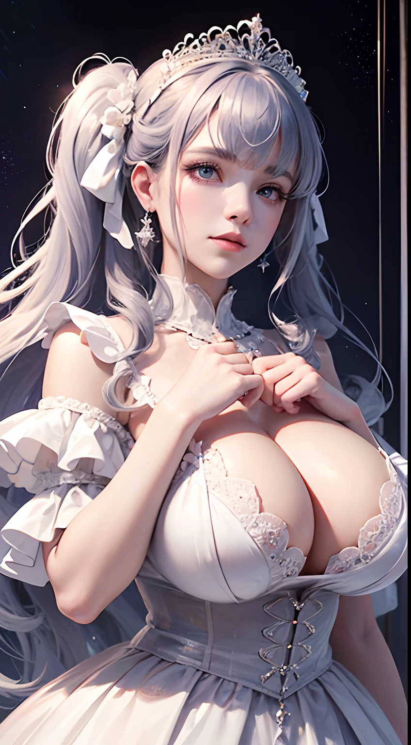 Dramatic composition, Court-style dress, royal, Gorgeous, Cascading frills, Ruffles, the bow, Crystal chandeliers, Roman curly hairstyle, Bonet, Tied into a double ponytail like a drill, Look at the camera, bangs, Maximalism, Palatial background, Delicate depiction of hair and eyes, Princess dress, Gorgeous dress, Flowers in hand, ssmile, Starry eyes, Cinematic light, Extreme detail, High definition, Happy girl, Very long hair, diamonds, Broken diamonds, Crystal fragments, Light particles,huge tit,gigantic cleavage breasts