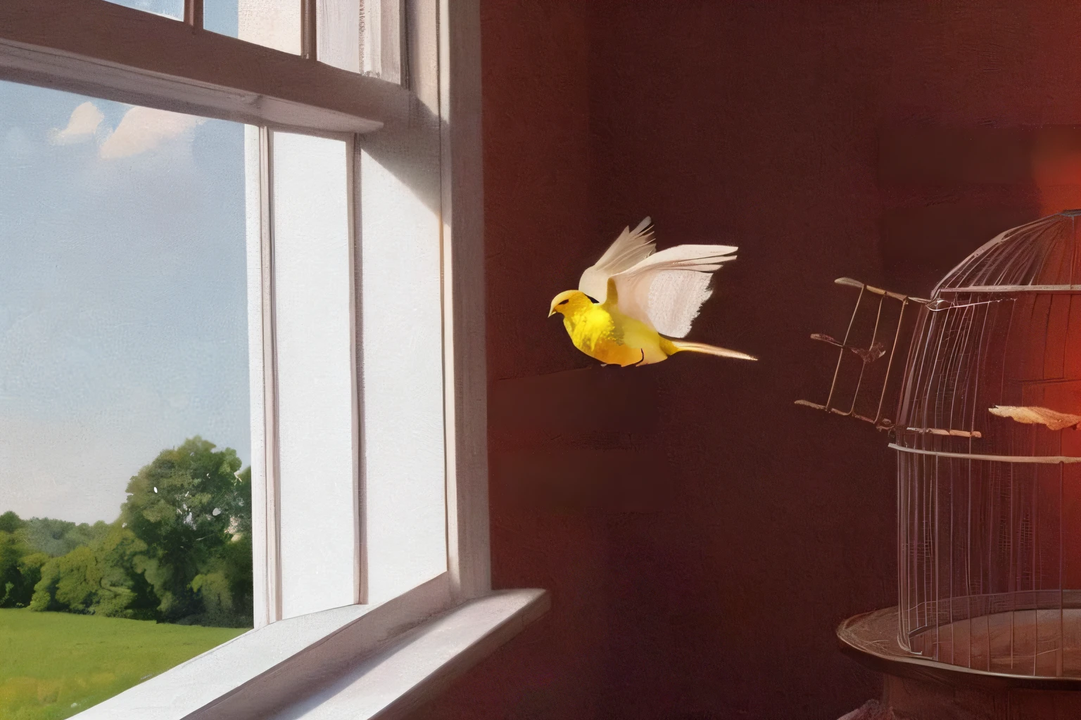 In a room bathed in the golden light of sunset, an open cage awaits, with an eager yellow canary yearning for freedom. In the background, an open window reveals a green field and a deep blue sky. The bird, with bright eyes and vibrant wings, makes the bold decision to fly towards the window. Its feathers shimmer as it launches into the unknown, seeking the longed-for freedom. The scene captures the moment of determination and joy as the bird achieves its freedom.