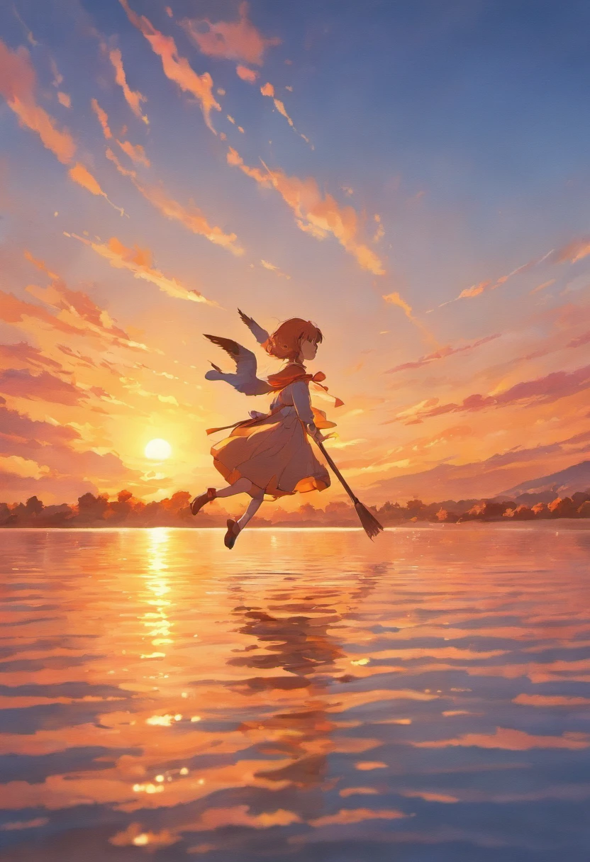 The sunset and the lone duck fly together, and the autumn water is the same color as the sky