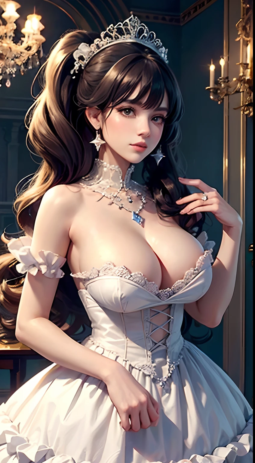 Dramatic composition, Court-style dress, royal, Gorgeous, Cascading frills, Ruffles, the bow, Crystal chandeliers, Roman curly hairstyle, Bonet, Tied into a double ponytail like a drill, Look at the camera, bangs, Maximalism, Palatial background, Delicate depiction of hair and eyes, Princess dress, Gorgeous dress, Flowers in hand, ssmile, Starry eyes, Cinematic light, Extreme detail, High definition, Happy girl, Very long hair, diamonds, Broken diamonds, Crystal fragments, Light particles,(huge tit,gigantic cleavage breasts)