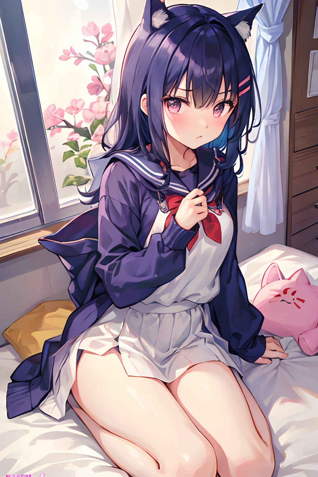 Elementary school girl, , flat chest, black hair, long hair, purple eyes, embarrassed expression(One person) White sailor suit on the upper half, navy blue miniskirt on the lower half White panties((I can see her panties))White socks Lying on the bed and taking off her panties Panties down to the knees Dynamic Angle Low - Angle
