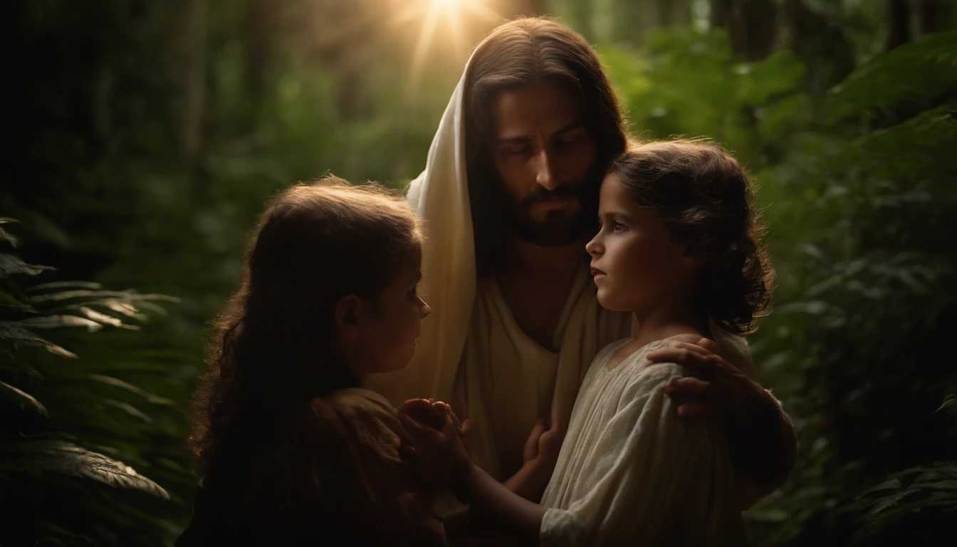 Jesus Protecting Two Children, uma e um menino their hands on their heads covering them with a mantle of divine light, em um caminho no meio de uma floresta