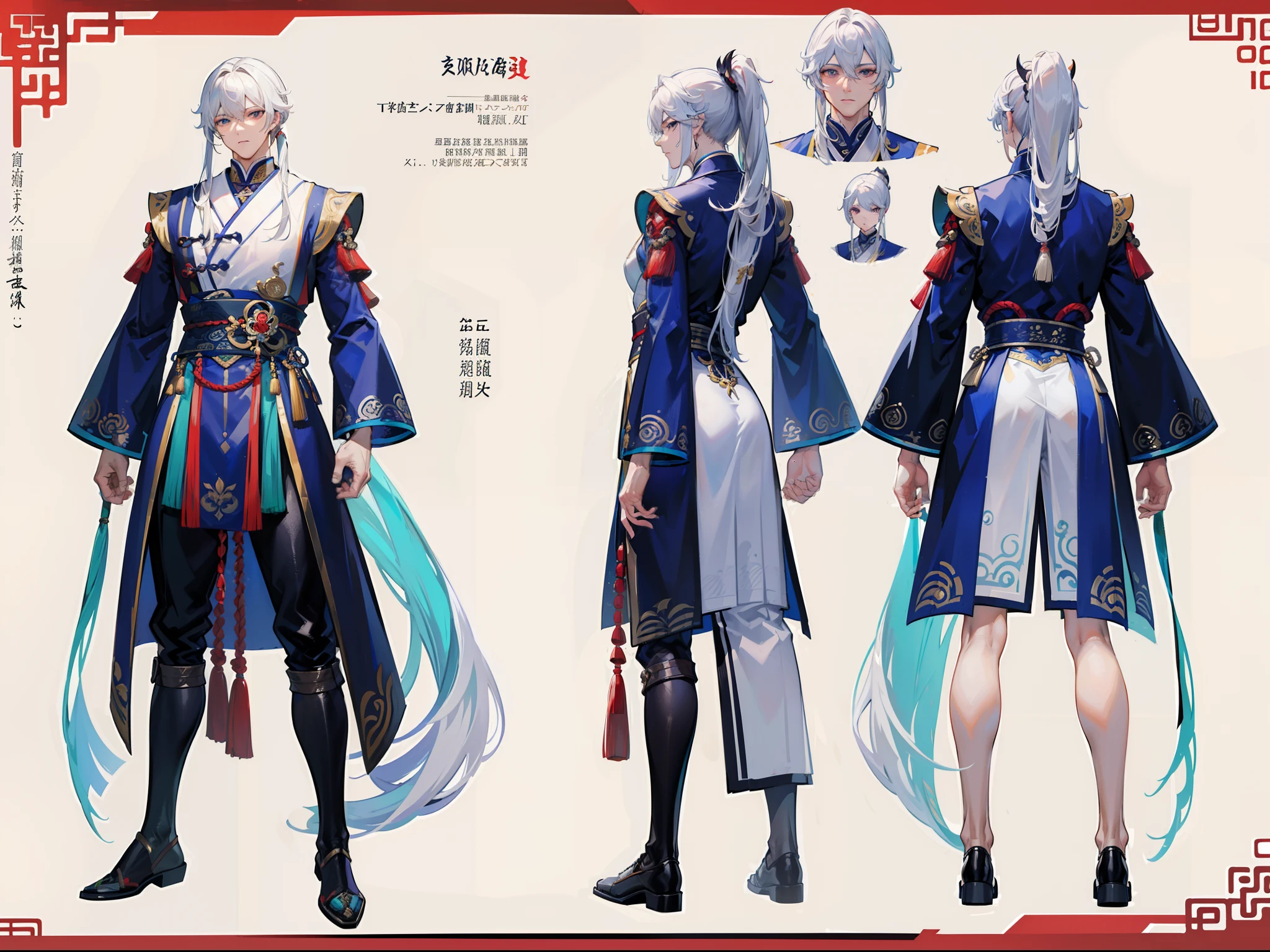 ((Masterpiece, Highest quality)), Detailed face, character design sheet, full bodyesbian, Full of details, frontal body view, back body view, Highly detailed, Depth, Many parts, Muscle boy with ponytail long white hair,handsome man, muscle body, Traditional chinese clothes, Genshin Impact, man tall,
