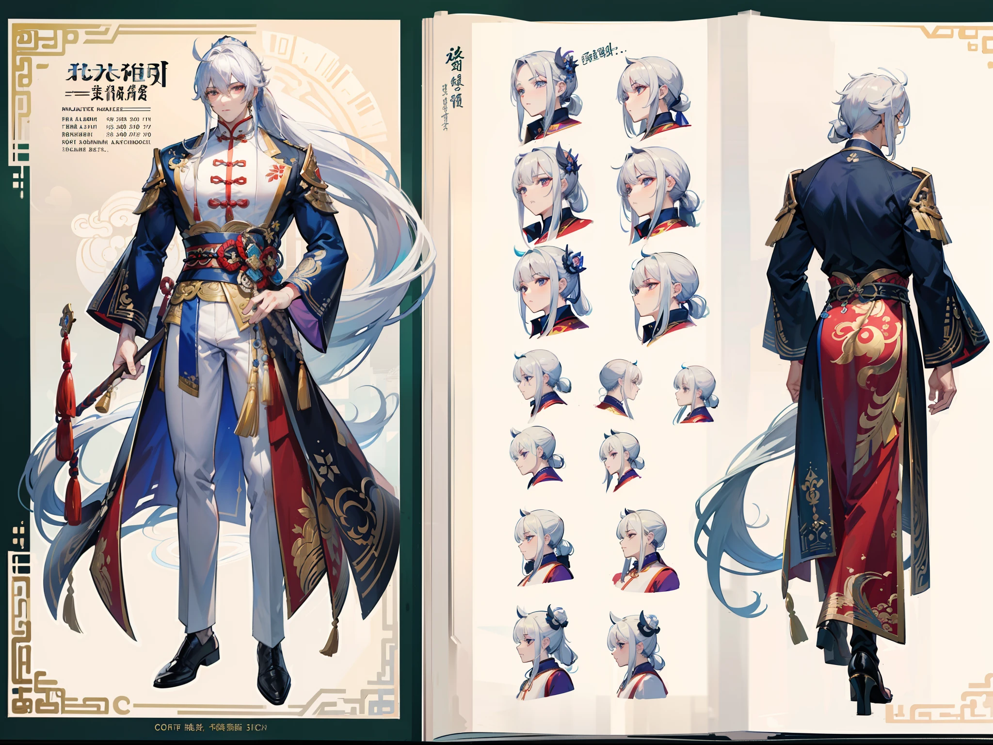 ((Masterpiece, Highest quality)), Detailed face, character design sheet， full bodyesbian, Full of details, frontal body view, back body view, Highly detailed, Depth, Many parts, Muscle boy with ponytail long white hair，handsome man, muscle body, Traditional chinese clothes, Genshin Impact, man tall,