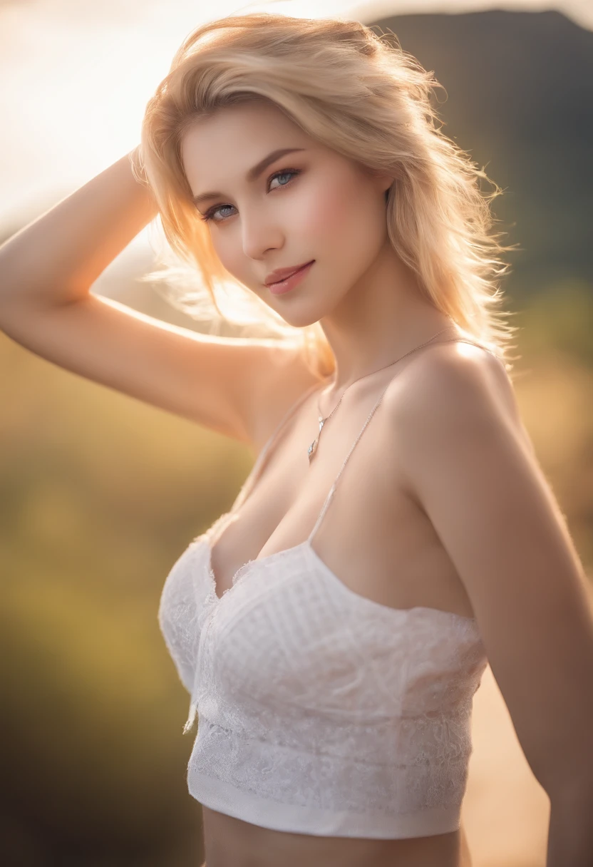 8k, digital photo of, blonde hair, girl, beautiful face, happy, soft features, sexy pose, topless, shorts, exposing both breasts, one hand behind head, looking to side of camera, beautiful, pixiv, bokeh, lens flare, perfect lighting, depth of field, absurd res, bright, contrast, photoshoot, mountains in background, sunset
