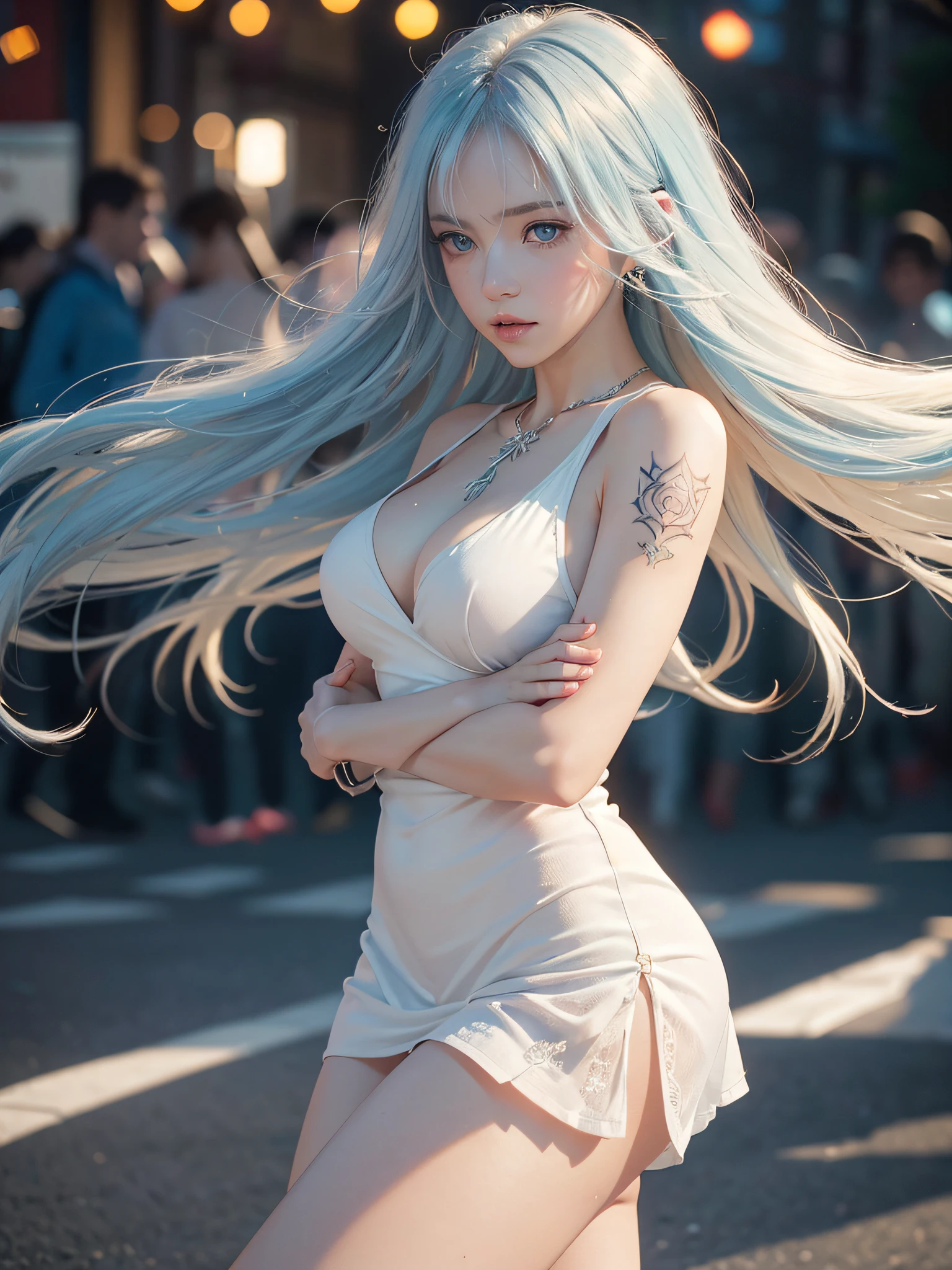 Adult girl, very long champagne-colored hair, large reflective light blue eyes, super delicate, delicate face, perfect skin, K-Style, white skate sneakers, short dress, light colors, perfect breasts, strong body, big ass, runes tattooed on her body, {extremely detailed 8k CG unit wallpaper}, expansive landscape photography, (a low view focusing on the character and setting), (wide open field view), (low angle shot), ( high light: 1.2), (low light: 1.5), (warm light source: 1.6), complex details, (iridescent colors: 1.2), (bright lighting), (atmospheric lighting), dreamy, magical, delicate