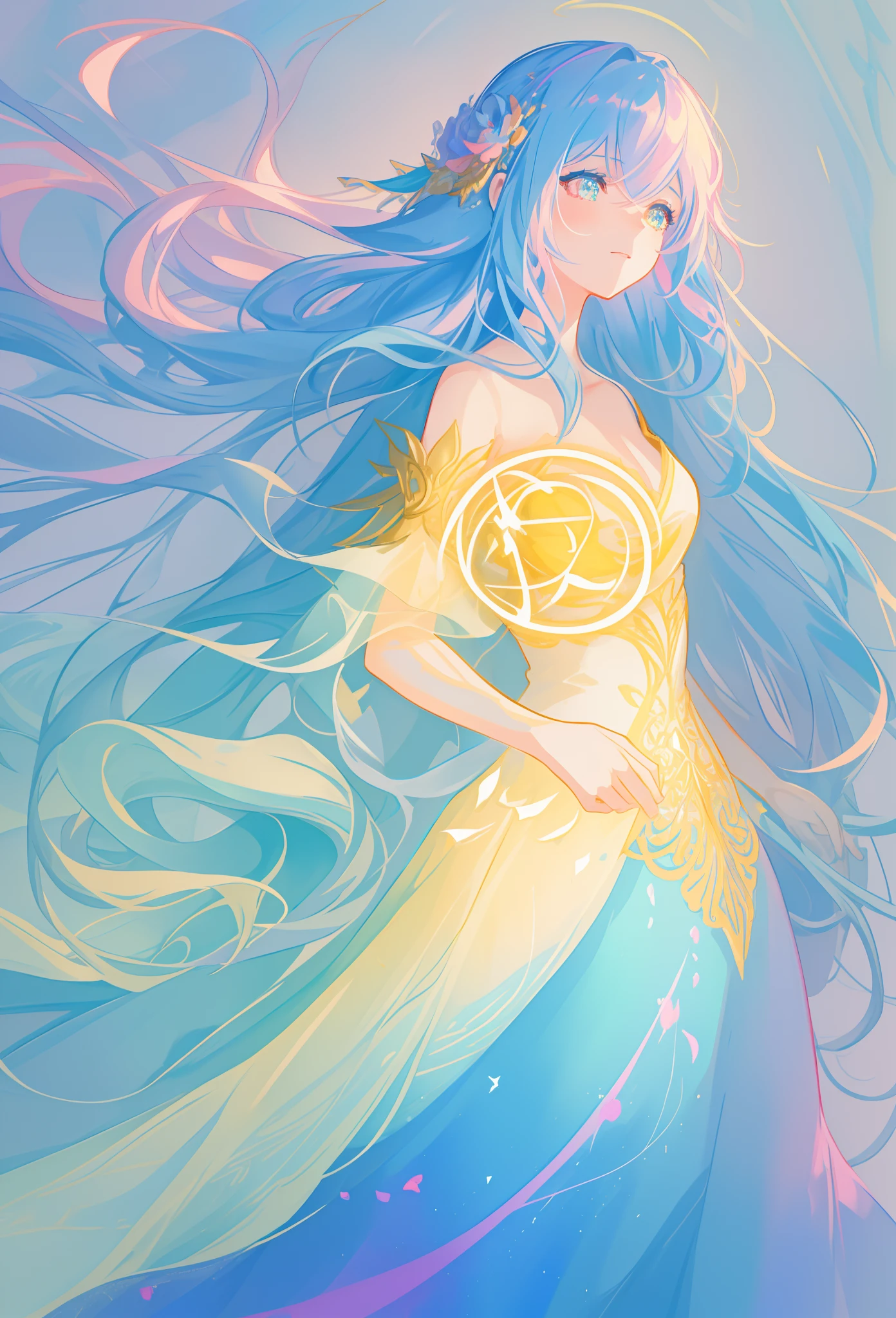 beautiful girl, flowing tiered ballgown, vibrant pastel colors, (colorful), glowing golden long hair, magical lights, sparkling magical liquid, inspired by Glen Keane, inspired by Lois van Baarle, disney art style, by Lois van Baarle, glowing aura around her, by Glen Keane, jen bartel, glowing lights! digital painting, flowing glowing hair, glowing flowing hair, beautiful digital illustration, fantasia background, whimsical, magical, fantasy, ((beautiful face)), ((masterpiece, best quality)), intricate details, highly detailed, sharp focus, 8k resolution, sparkling detailed eyes, liquid watercolor