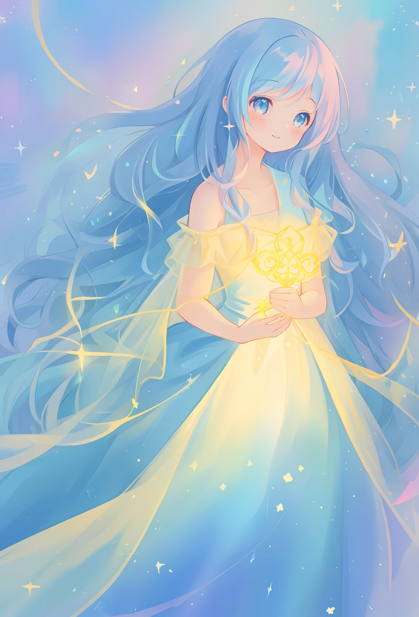 beautiful girl, flowing tiered ballgown, vibrant pastel colors, (colorful), glowing golden long hair, magical lights, sparkling magical liquid, inspired by Glen Keane, inspired by Lois van Baarle, disney art style, by Lois van Baarle, glowing aura around her, by Glen Keane, jen bartel, glowing lights! digital painting, flowing glowing hair, glowing flowing hair, beautiful digital illustration, fantasia background, whimsical, magical, fantasy, ((beautiful face)), ((masterpiece, best quality)), intricate details, highly detailed, sharp focus, 8k resolution, sparkling detailed eyes, liquid watercolor