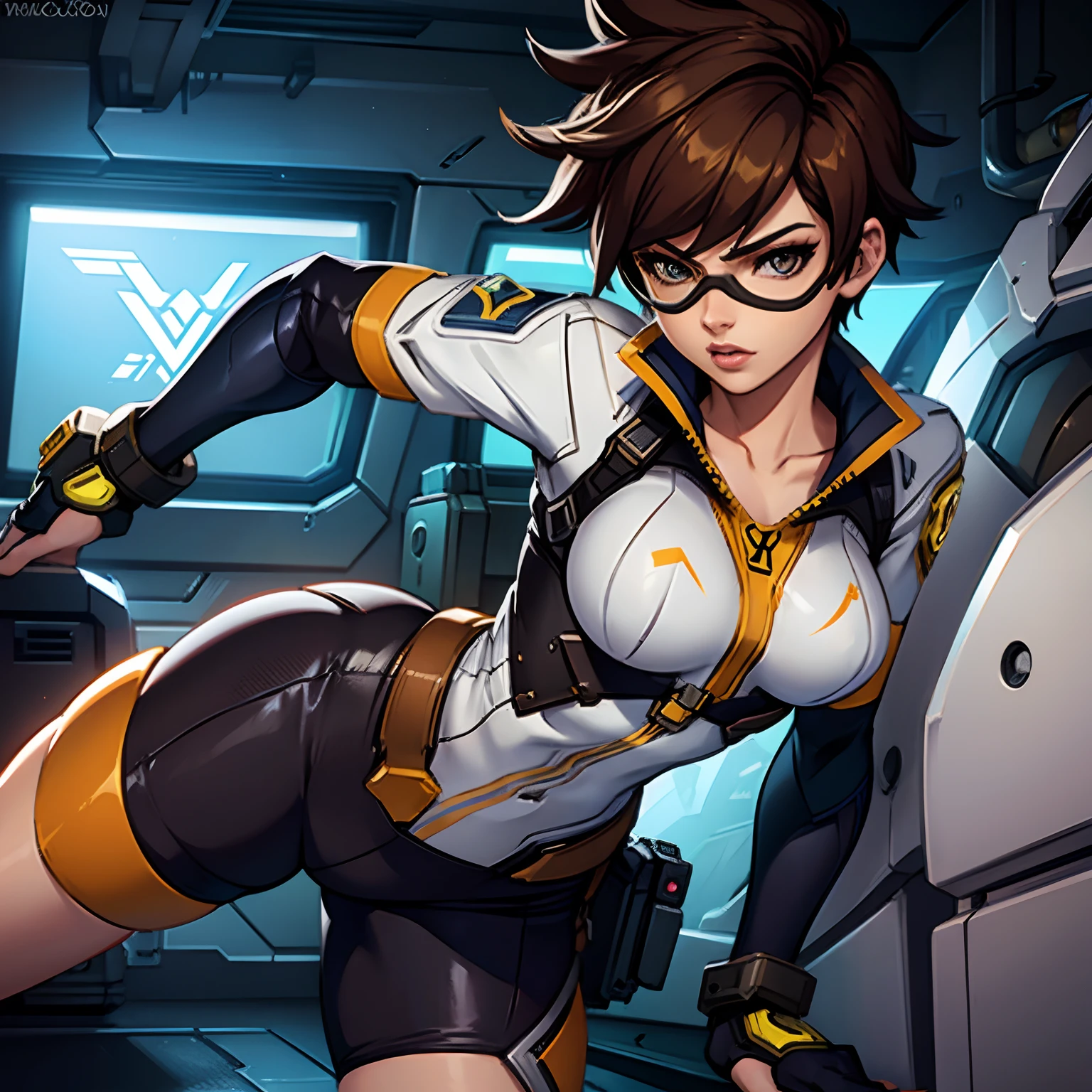 ultra-detailed, Explicit, Beautiful body, Beautiful Nose, Beautiful character design, perfect eyes, perfect face, ultra highres, 4K, beautiful legs, perfect legs, Nice hands, Perfect hand, Masterpiece, Best Quality, Highly detailed, illustration, absurdres, perfect anatomy, street fighter, doll suit, shadaloo doll, dollsuit, girls, multiple girls, expressionless, blank eyes, looking at viewer, red gloves, emotionless, black latex, corrution, mind control, female combatant, full body, hypnotized, unhappy trance, full body suit, ribbed bodysuit, both arms at side, obey, perfect female body, extremely glossy latex, hypnosis, hypnoLora, empty eyes, Mind control device, poses, submissive_pose, Slave, hat, necktie, stand up straight, standing, standing at attention, hat, necktie, belt, latex, ribbed bodysuit, thighhighs, garter belt, Fighting Stance, extending the right arm from the shoulder into the air with a straightened hand, nazi saluting, military, military saluting, salute, thigh boots, 1girl, Solo, Yu-Gi-Oh, Mana, brown hair, blue eyes, medium hair, dark skin