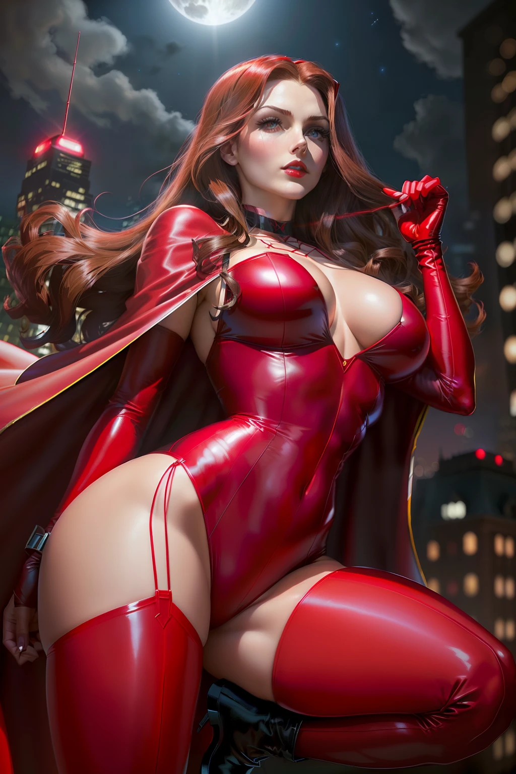 ((squatting))((Scarlett witch from x-men comic series)) (beautiful face)(glowing eyes)(red lips) ((long brown straight hairstyle))) ((very huge breasts) (perfect slim body) (wears red string body suit, red long stocking))((gloves, choker, tiara, cape)) ((magic hands)) (posing sexy on skycrapper rooftop at night, full moon)) (high definition, amazing lights and shadows) ((masterpiece)) (8k) (perfect face) (best quality) (perfect hands, eyes, and face)((magic power floating around))