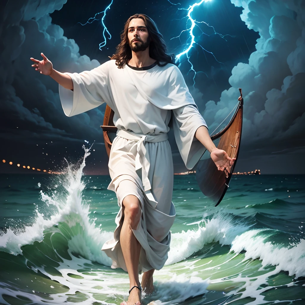 Jesus walking on the water during a stormy night heading towards a boat --auto --s2