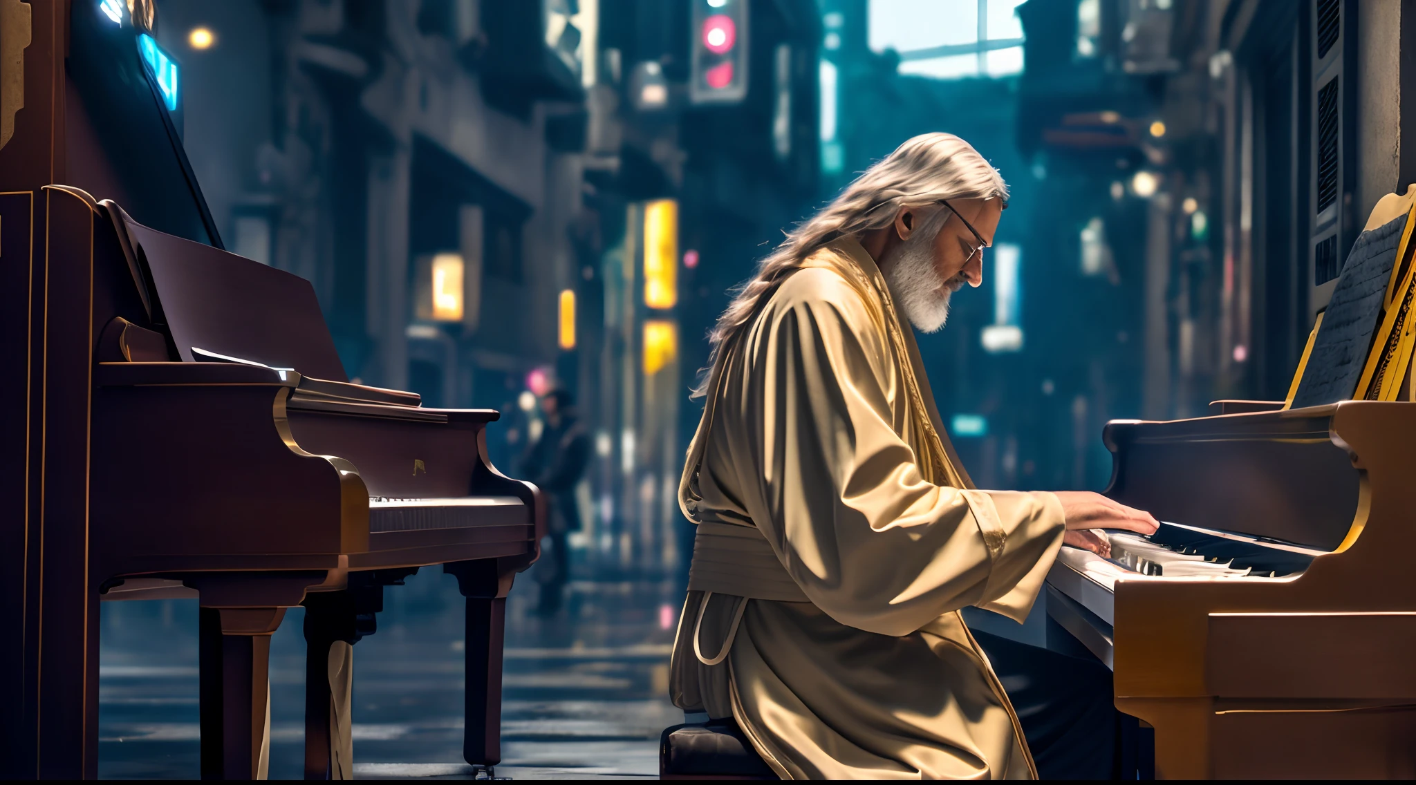 Long-haired young man in priest's robe, tocando el piano en una calle cyberpunk