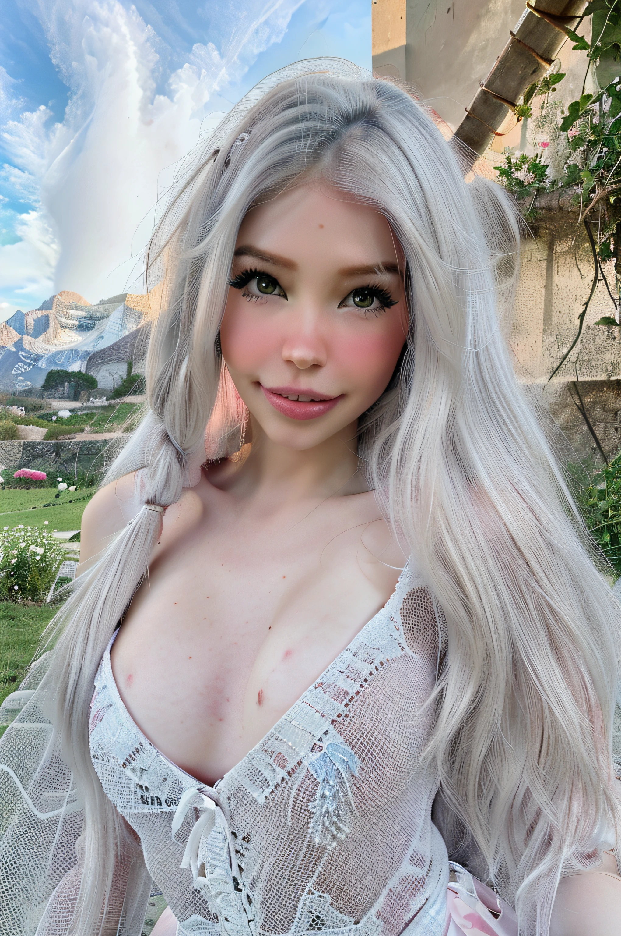 belle delphine vestida de vaquera en una campo, piel blanca, ojos azules, cabello largo y rosa, hermosa sonrisa, ojos grandes, with mountains in background