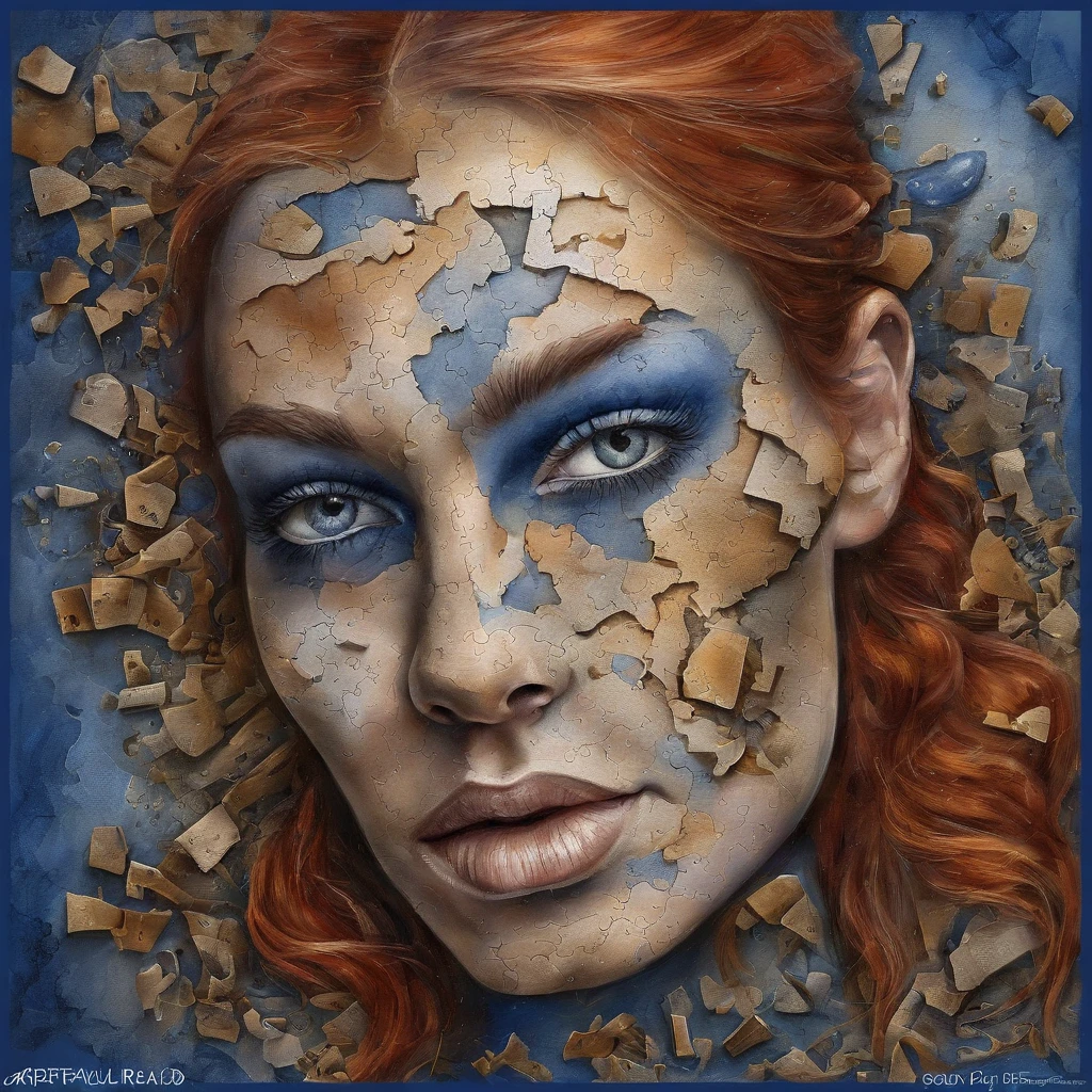 Puzzle 3D   , redhead, Ogive explosive, Machine parts embedded in the face, Dramatic artwork, photo manipulation, Manipulation de photos, Disintegration,, explosion of data fragments, tinnitus, official artwork, incredibly high detailed, Photoshop Art, effet de bruit, dark blue, HD, Picasso, Afrique