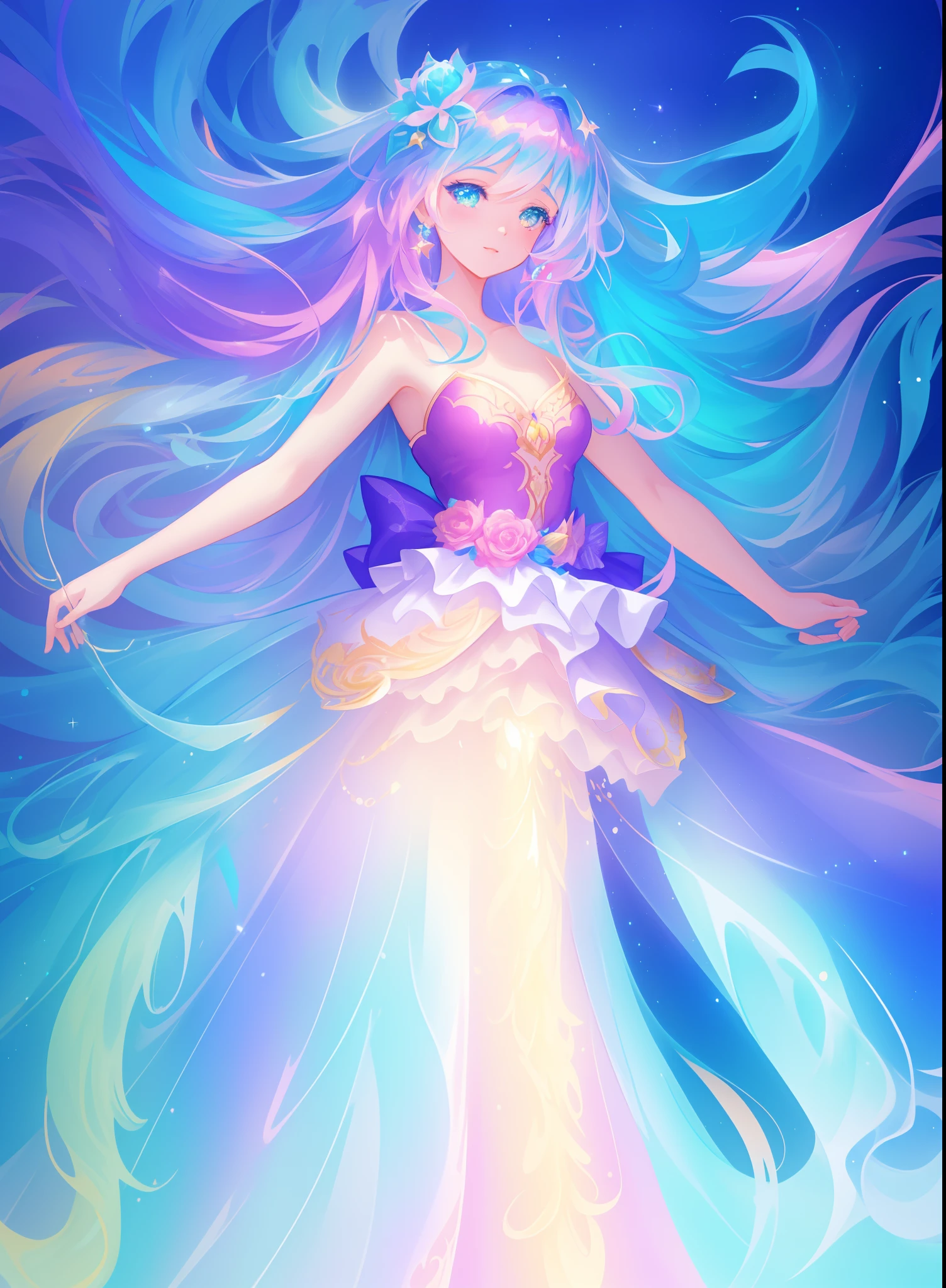 beautiful girl, puffy tiered ballgown, vibrant pastel colors, (colorful), glowing golden long hair, magical lights, sparkling magical liquid, inspired by Glen Keane, inspired by Lois van Baarle, disney art style, by Lois van Baarle, glowing aura around her, by Glen Keane, jen bartel, glowing lights! digital painting, flowing glowing hair, glowing flowing hair, beautiful digital illustration, fantasia background, whimsical, magical, fantasy, ((beautiful face)), ((masterpiece, best quality)), intricate details, highly detailed, sharp focus, 8k resolution, sparkling detailed eyes, liquid watercolor