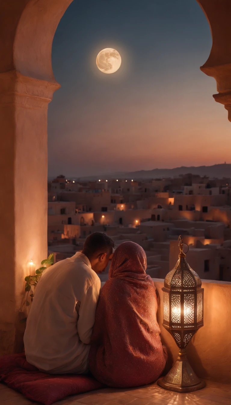 hyper realistic photo, ultra detailed photograph of a beautiful Moroccan rooftop, man and woman from behind, face hidden, towards view, praying together, photorealistic, riad rooftop, Amazigh pillows, Marrakech view, stunning moon, shimmering stars, iridescent, hyperrealism, moroccan lamps, Ultra photoreal, Intricate details, Ultra detailed, photorealistic, great high details, hyper real photo, 8k, extreme quality, gorgeous roses, exotic, glimmering lights, magical, romantic, wishing