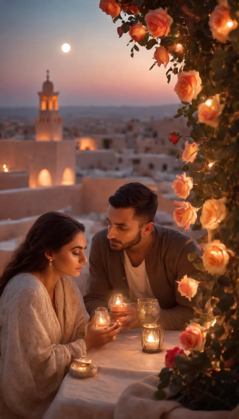 hyper realistic photo, ultra detailed photograph of a beautiful Moroccan rooftop, man and woman from behind, face hidden, towards view, praying together, photorealistic, riad rooftop, Amazigh pillows, Marrakech view, stunning moon, shimmering stars, iridescent, hyperrealism, moroccan lamps, Ultra photoreal, Intricate details, Ultra detailed, photorealistic, great high details, hyper real photo, 8k, extreme quality, gorgeous roses, exotic, glimmering lights, magical, romantic, wishing