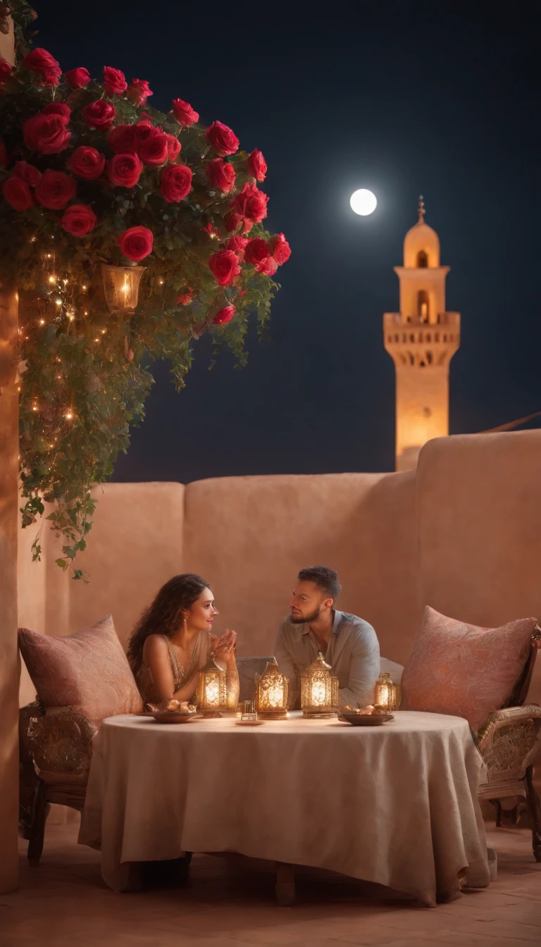 hyper realistic photo, ultra detailed photograph of a beautiful Moroccan rooftop, man and woman from behind, face hidden, towards view, praying together, photorealistic, riad rooftop, Amazigh pillows, Marrakech view, stunning moon, shimmering stars, iridescent, hyperrealism, moroccan lamps, Ultra photoreal, Intricate details, Ultra detailed, photorealistic, great high details, hyper real photo, 8k, extreme quality, gorgeous roses, exotic, glimmering lights, magical, romantic, wishing