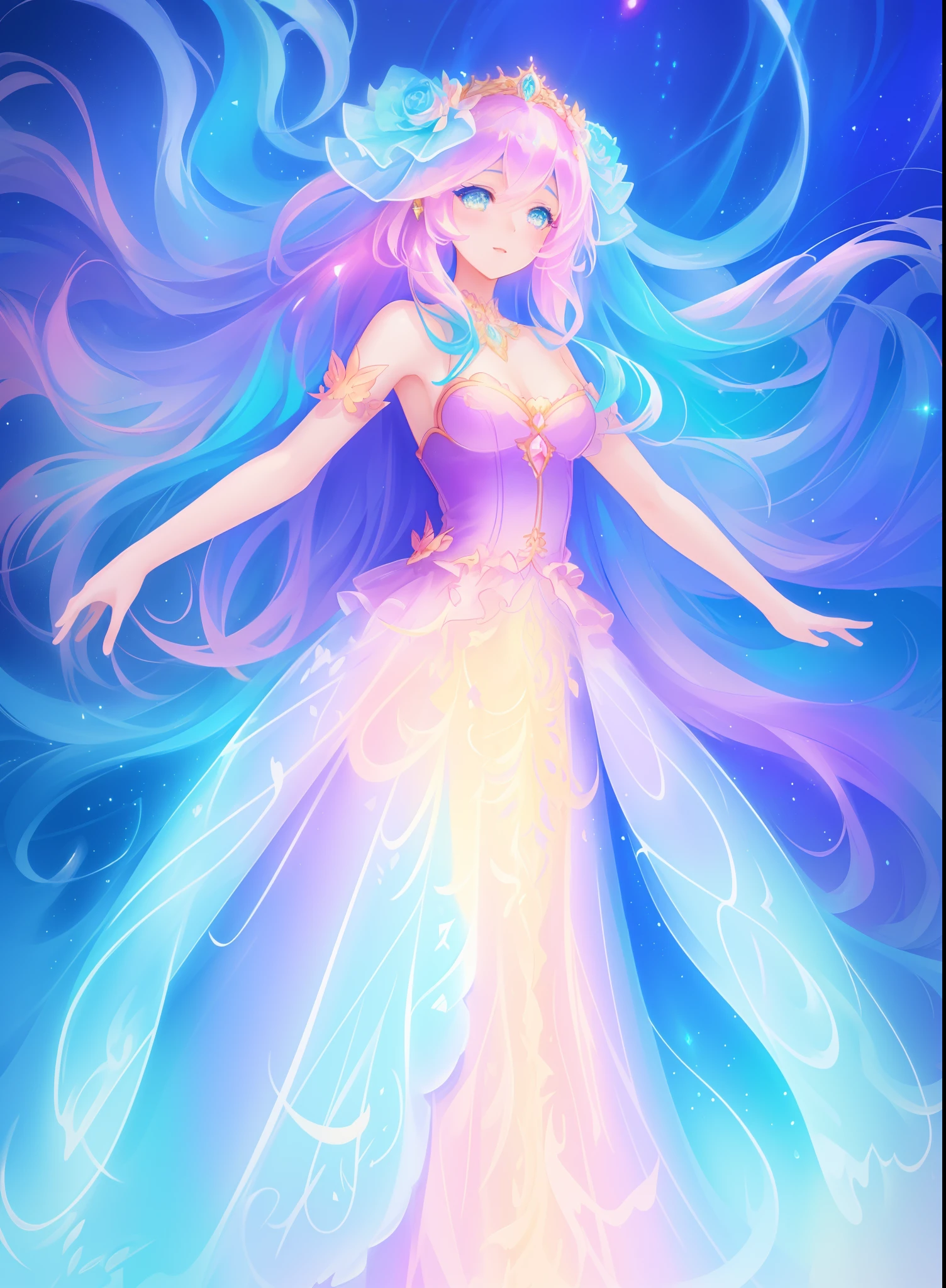 beautiful girl, puffy tiered ballgown, vibrant pastel colors, (colorful), glowing golden long hair, magical lights, sparkling magical liquid, inspired by Glen Keane, inspired by Lois van Baarle, disney art style, by Lois van Baarle, glowing aura around her, by Glen Keane, jen bartel, glowing lights! digital painting, flowing glowing hair, glowing flowing hair, beautiful digital illustration, fantasia background, whimsical, magical, fantasy, ((beautiful face)), ((masterpiece, best quality)), intricate details, highly detailed, sharp focus, 8k resolution, sparkling detailed eyes, liquid watercolor