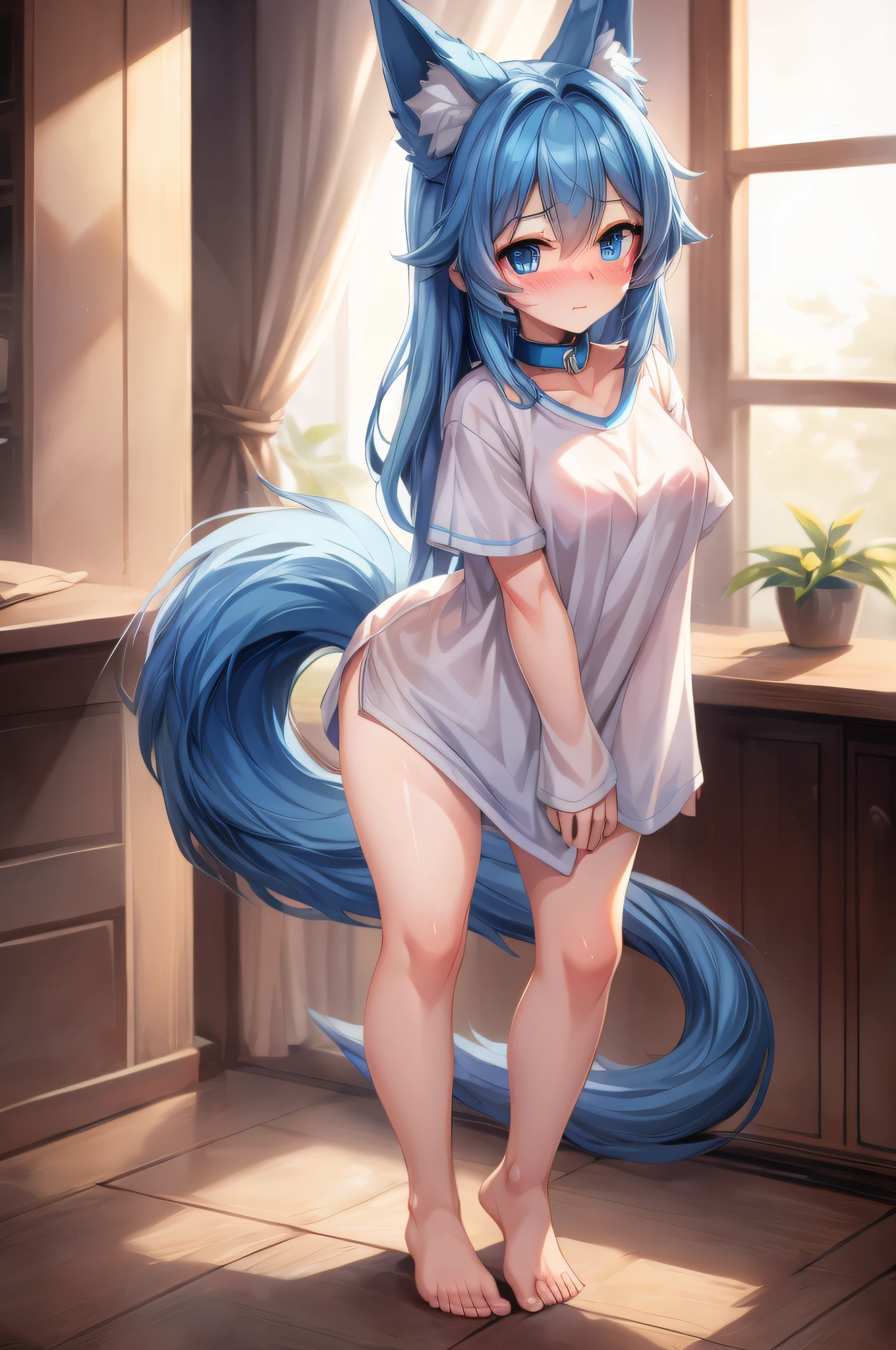 (Masterpiece) (High Detail) (High Res) A humanoid girl with pale human skin and blue eyes and long blue hair and blue dog ears and a fluffy dog tail is stood wearing just an oversized white t-shirt with a blue collar and is bare foot. She has a blush on her face and looks shy. Full body image. bare arms.