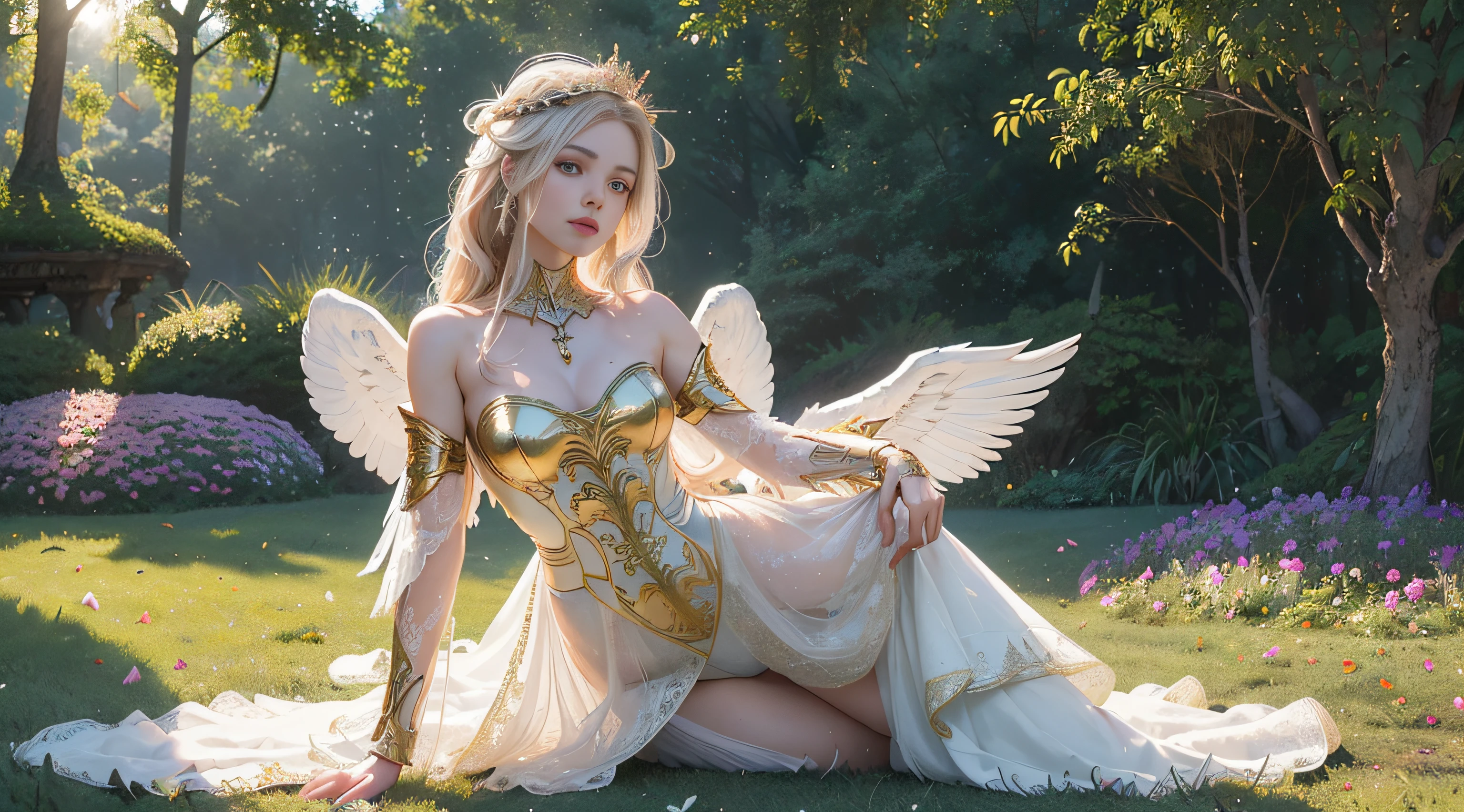 Ancient Greek ruins where only columns remain、Walk in front of the fountain、8K、Real Photo、Ultra-high resolution, Master Part, Best Quality, Ticker , Cinematic images,Nice girl、Ann、18-year-old、ann gross saxon、double eyelid、Droopy eyes、Very big eyes、Eyeshadow、 Very detailed , Blonde、Straight short hair、Smile、 Sweet expression 、A little embarrassing、Thin lips ,High nose with beautiful lines、Small nose tip、Very beautiful woman、Long legs、barefoot、 Very clear shadows , jewelry , Glossy Skin , perfect brilliant ann, Perfect Lighting, Dramatic Shadows ,White tiara on head、Greek see-through white dress、Large white angel wings from the back of the neck、White bouquet in hands