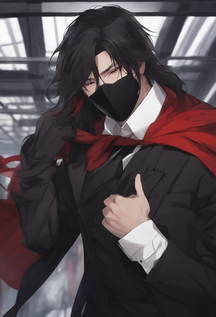 Man with a primary black long hair with a few red streaks of hair wearing a black mask, red scarf and black jacket with a youthful looking white shirt, anime