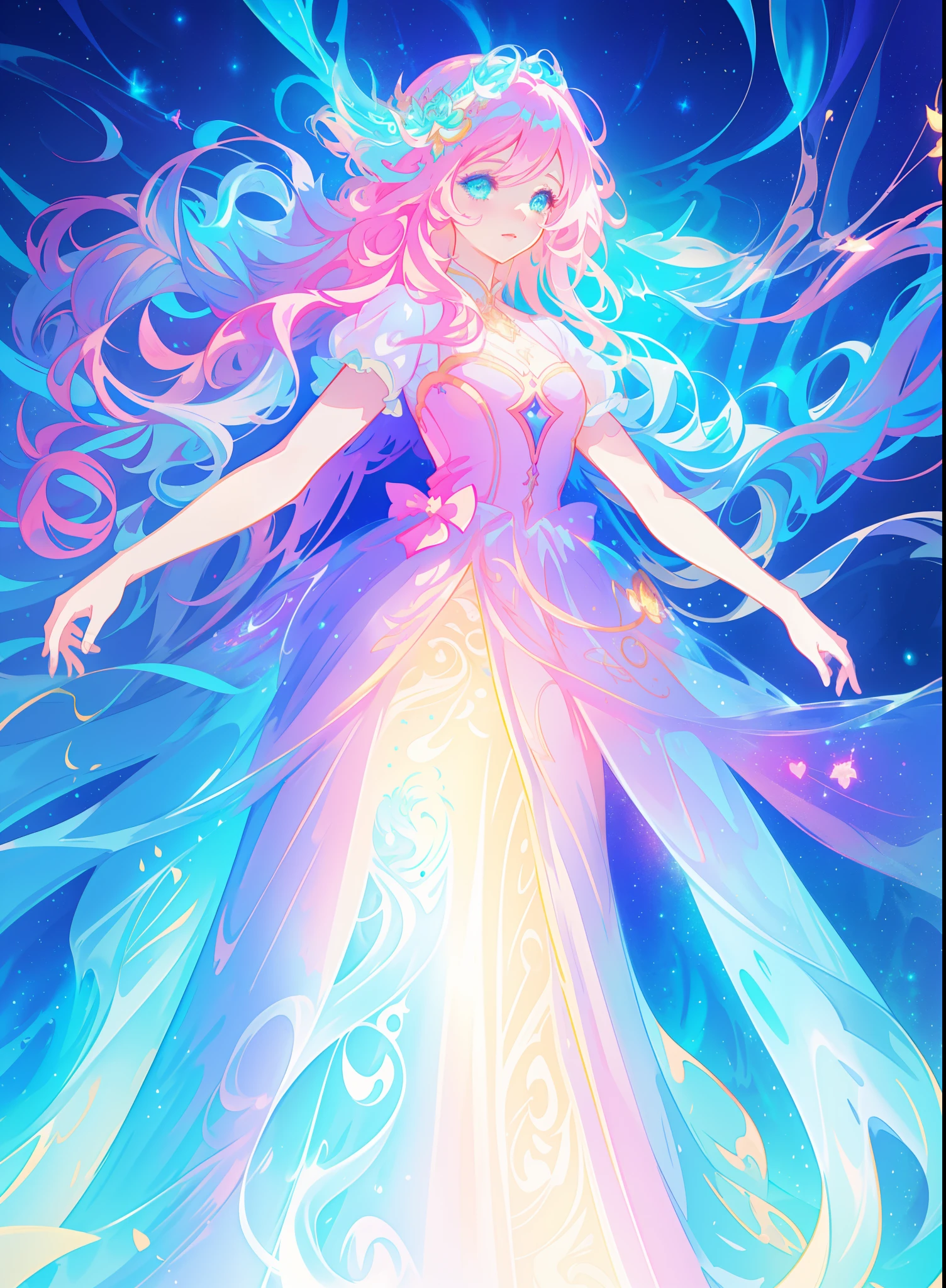 beautiful girl, puffy tiered ballgown, vibrant pastel colors, (colorful), glowing golden long hair, magical lights, sparkling magical liquid, inspired by Glen Keane, inspired by Lois van Baarle, disney art style, by Lois van Baarle, glowing aura around her, by Glen Keane, jen bartel, glowing lights! digital painting, flowing glowing hair, glowing flowing hair, beautiful digital illustration, fantasia background, whimsical, magical, fantasy, ((beautiful face)), ((masterpiece, best quality)), intricate details, highly detailed, sharp focus, 8k resolution, sparkling detailed eyes, liquid watercolor
