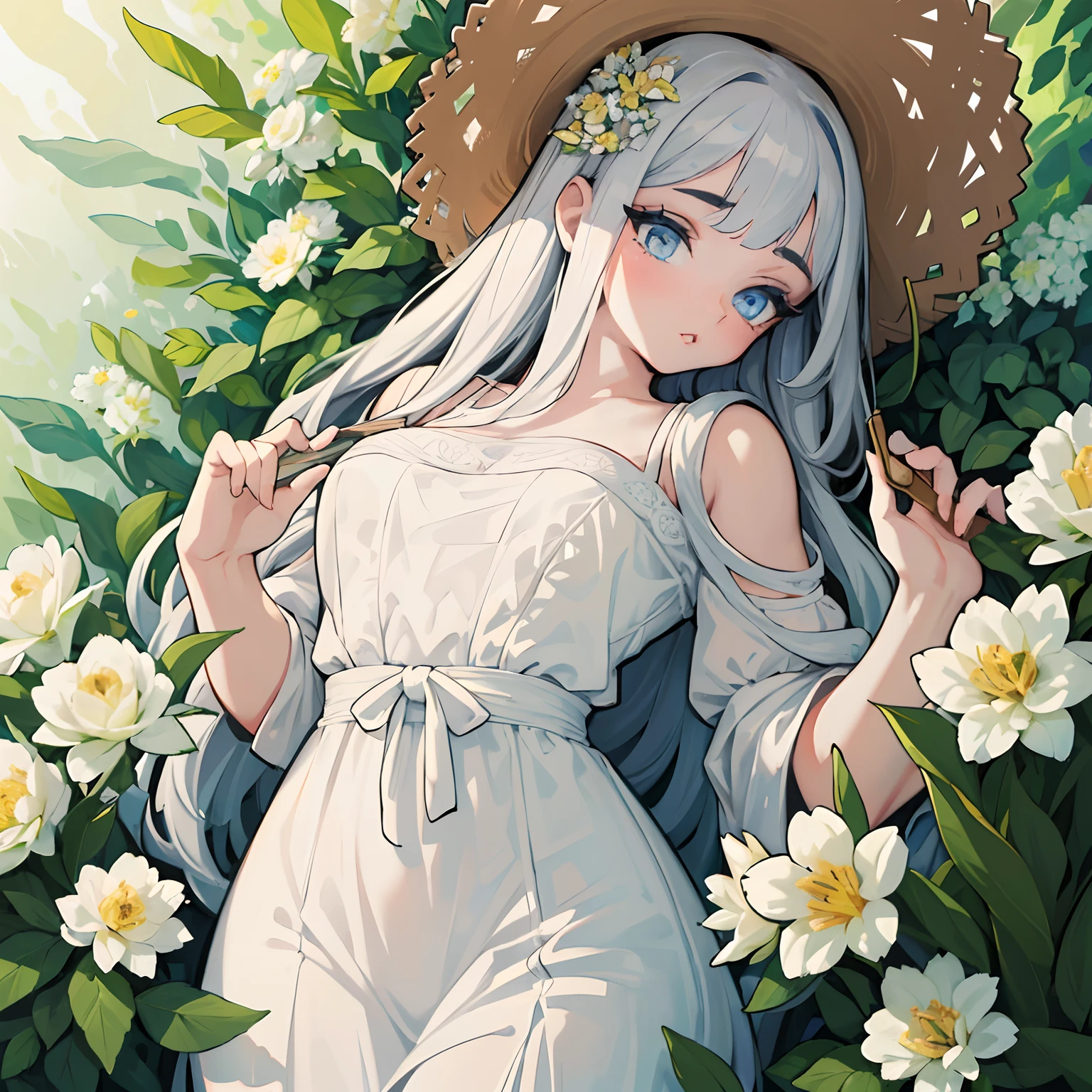 (best quality,4k,8k,highres,masterpiece:1.2),ultra-detailed,realistic,white dress,woman,beautiful detailed eyes,beautiful detailed lips,extremely detailed face,long eyelashes,straw hat,graceful stance,soft sunlight,flower garden,faint fragrance,serene background,vibrant colors,lifelike rendering