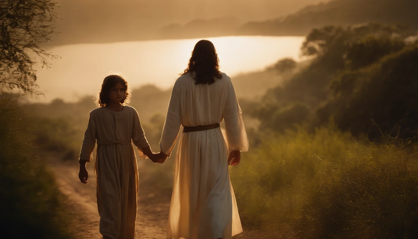 Jesus Protecting Two Children of Both Sexes, os iluminando com um manto de luz divino, On a path in the middle of a paradisiacal countryside