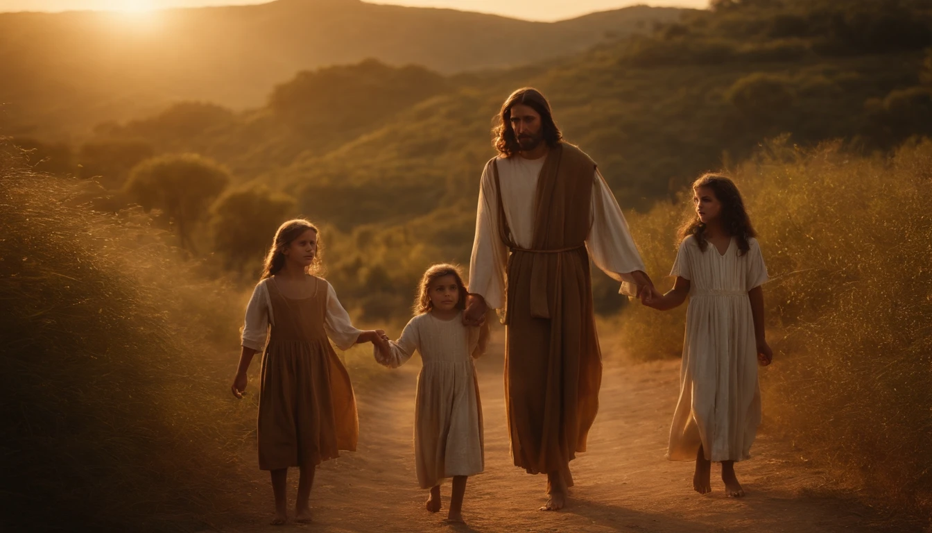 Jesus Protecting Two Children of Both Sexes, os iluminando com um manto de luz divino, On a path in the middle of a paradisiacal countryside