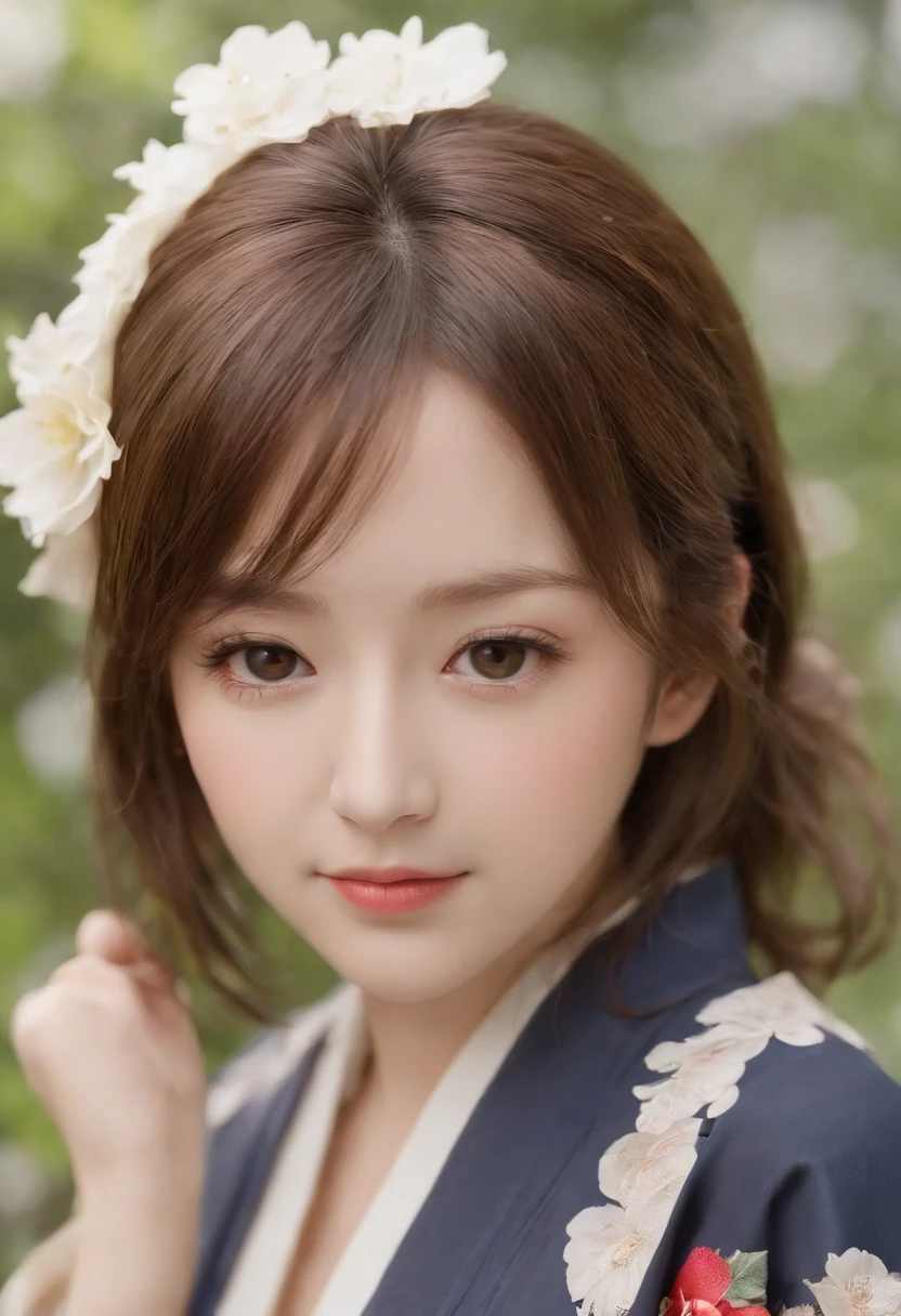 (Masterpiece, Best quality: 1.2), Solo, 1girll, Tainaka Ritsu, k-on, Brown eyes,Anime style, ((((ultra illustrated style: 1.0)))),Best quality,Masterpiece,1girll,((((Tainaka Ritsu)))), ((((k-on)))), Brown eyes, Brown hair, shairband, Short hair, Female, {{{{{{Heart-shaped pupils}}}}}}, Beautiful details kimono, Japanese pattern print, Estampados florales