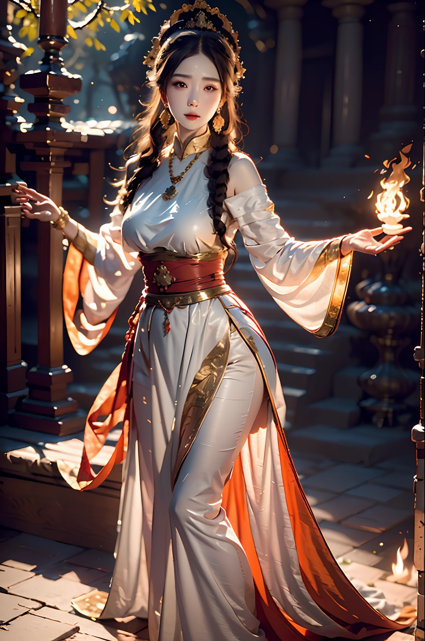Best Quality, Masterpiece, Ultra High Resolution, (Realistic: 1.4) 1 Girl, Absolutely Beautiful, Peach Blossom Eyes, Big Breasts, Sexy, beautiful_face, Detailed Skin, Full Body, Jade Fire Tree, Jewelry, Solo, Earrings, (Fire: 1.3), Blurred, Realistic, Lips,