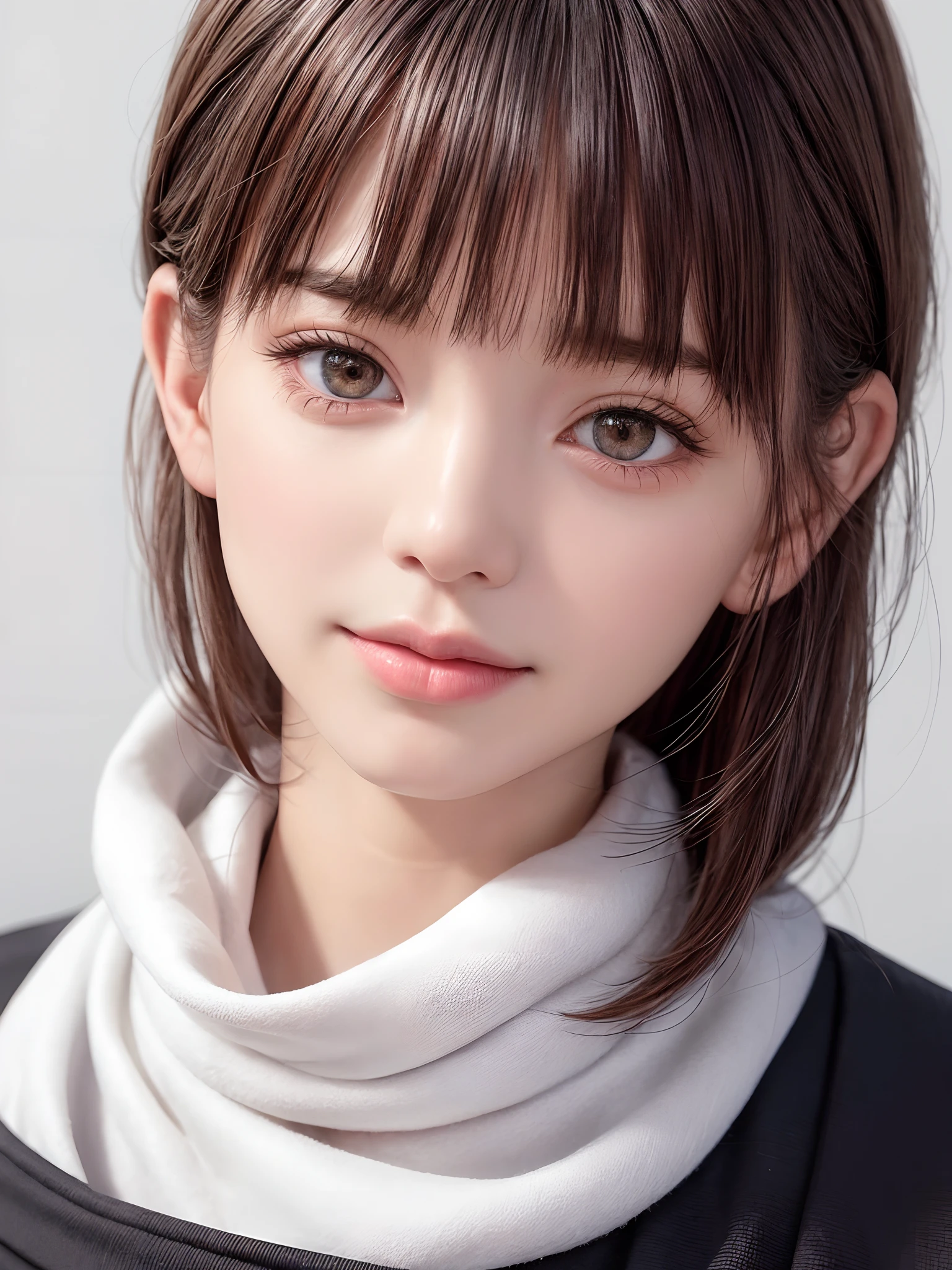 (​masterpiece, top-quality、Very attractive adult beauty、Add intense highlights to the eyes),1girl in, 独奏, A dark-haired, scarf, Hats,, realisitic, looking at the viewers, black eyes of light color, shorth hair, coat, Winter clothes, White headscarf, s lips, lipgloss，bangss, The upper part of the body、big eye、Lashes)、((Road system in Italy))、((Shorthair with bangs、big eye、Put very strong highlights in your students、very Bigger breasts、gazing at viewer、Very beautiful beauty、Put your ears out、long neck、little smiling、Beautiful teeth、Open your mouth and smile、stares at the camera))、28 year old、Very cute supermodel